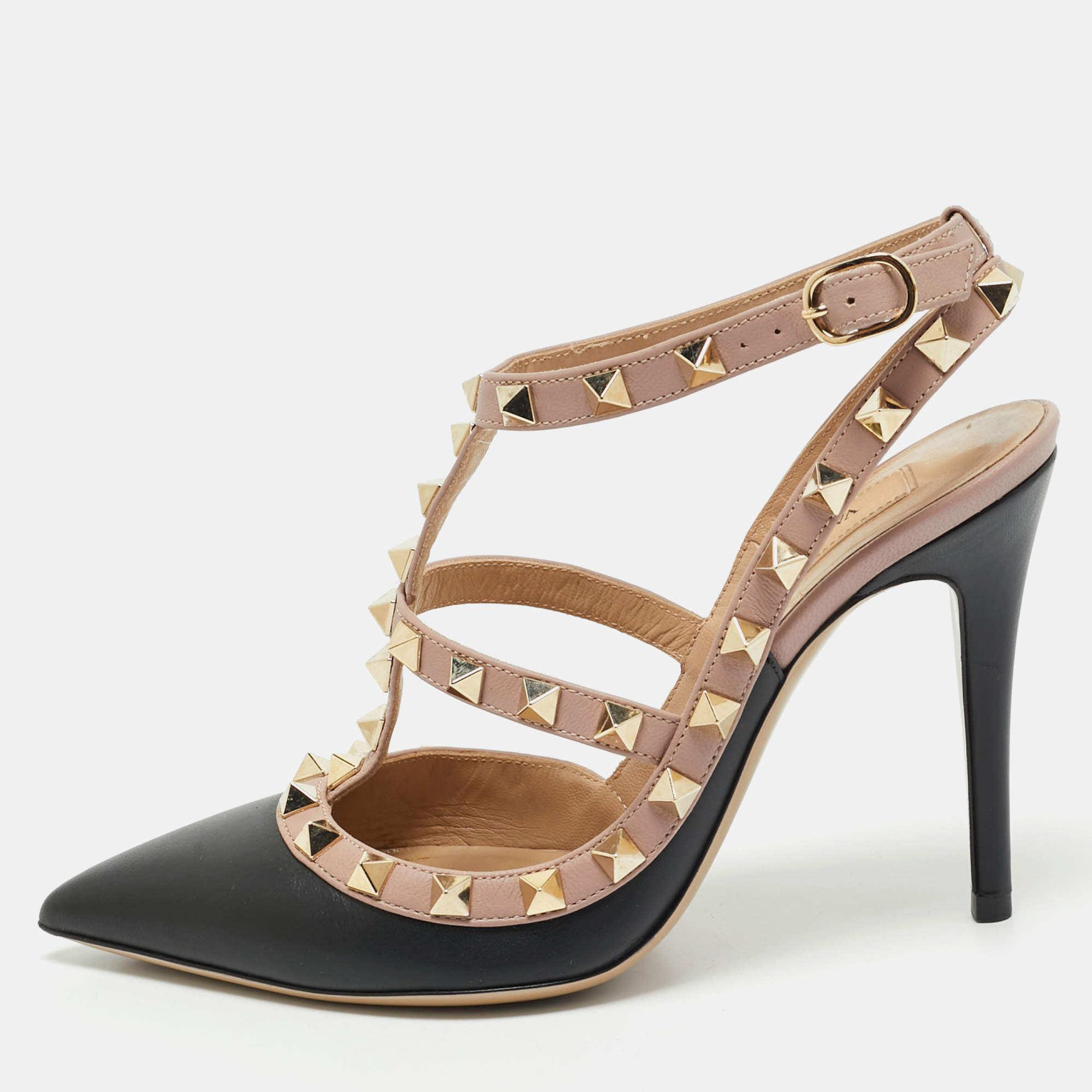 Valentino Black/Beige Leather Rockstud Ankle Strap Pumps Size 35