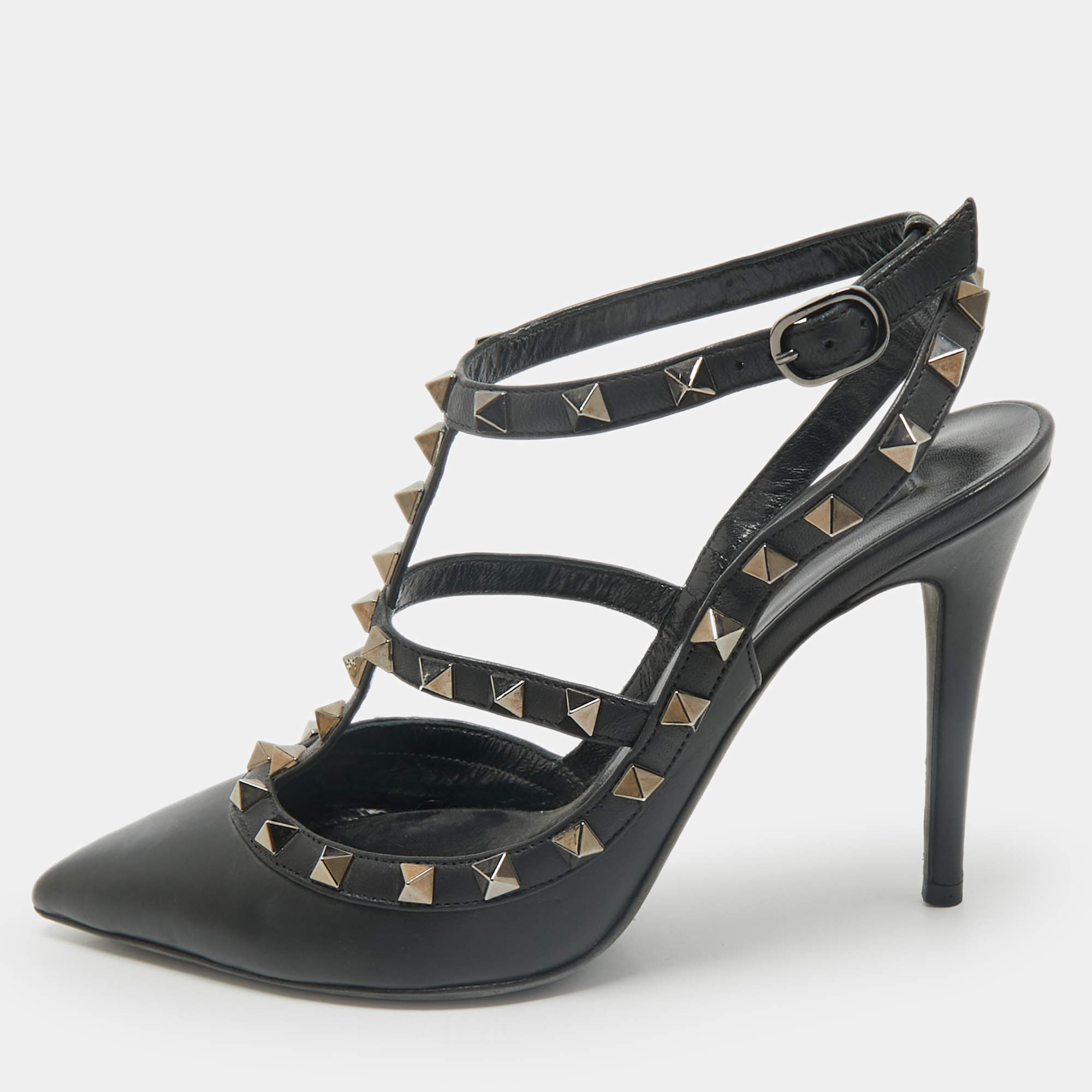 Pre Owned Valentino Black Leather Rockstud Caged Ankle Strap Pumps Size 38