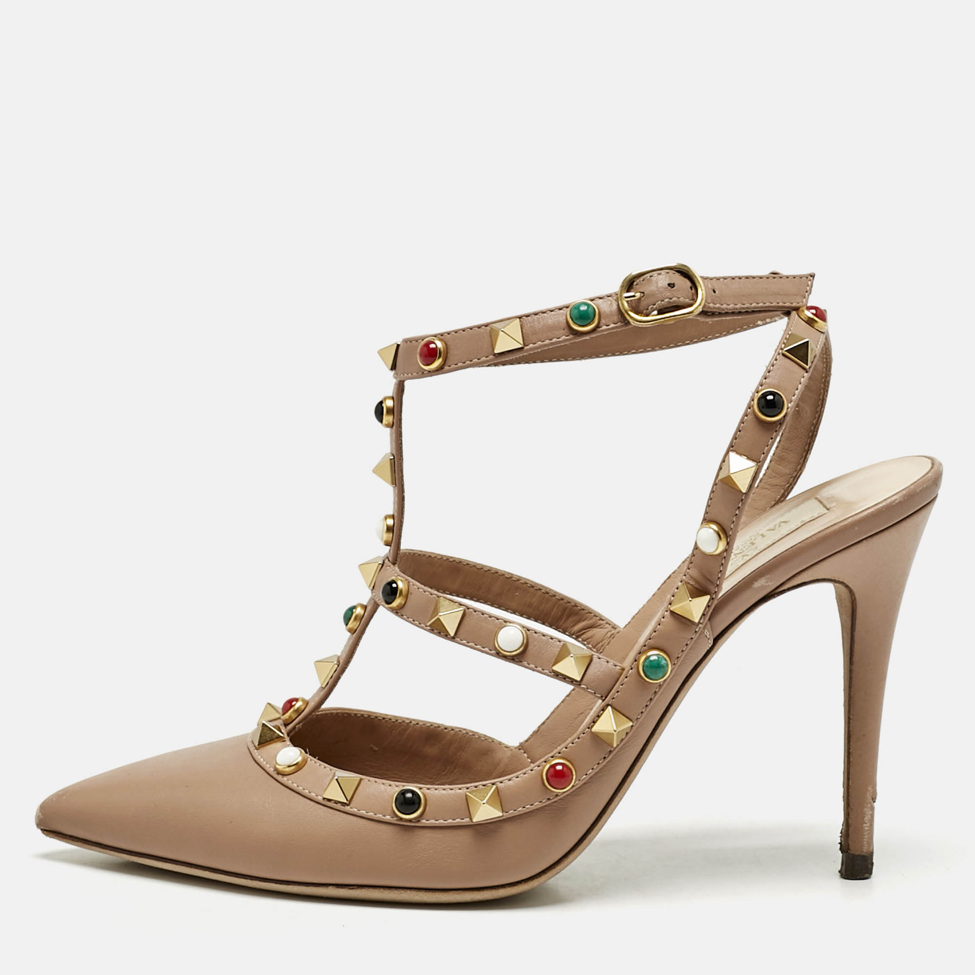 Pre Owned Valentino Beige Leather Rockstud Caged Ankle Strap Pumps Size 38