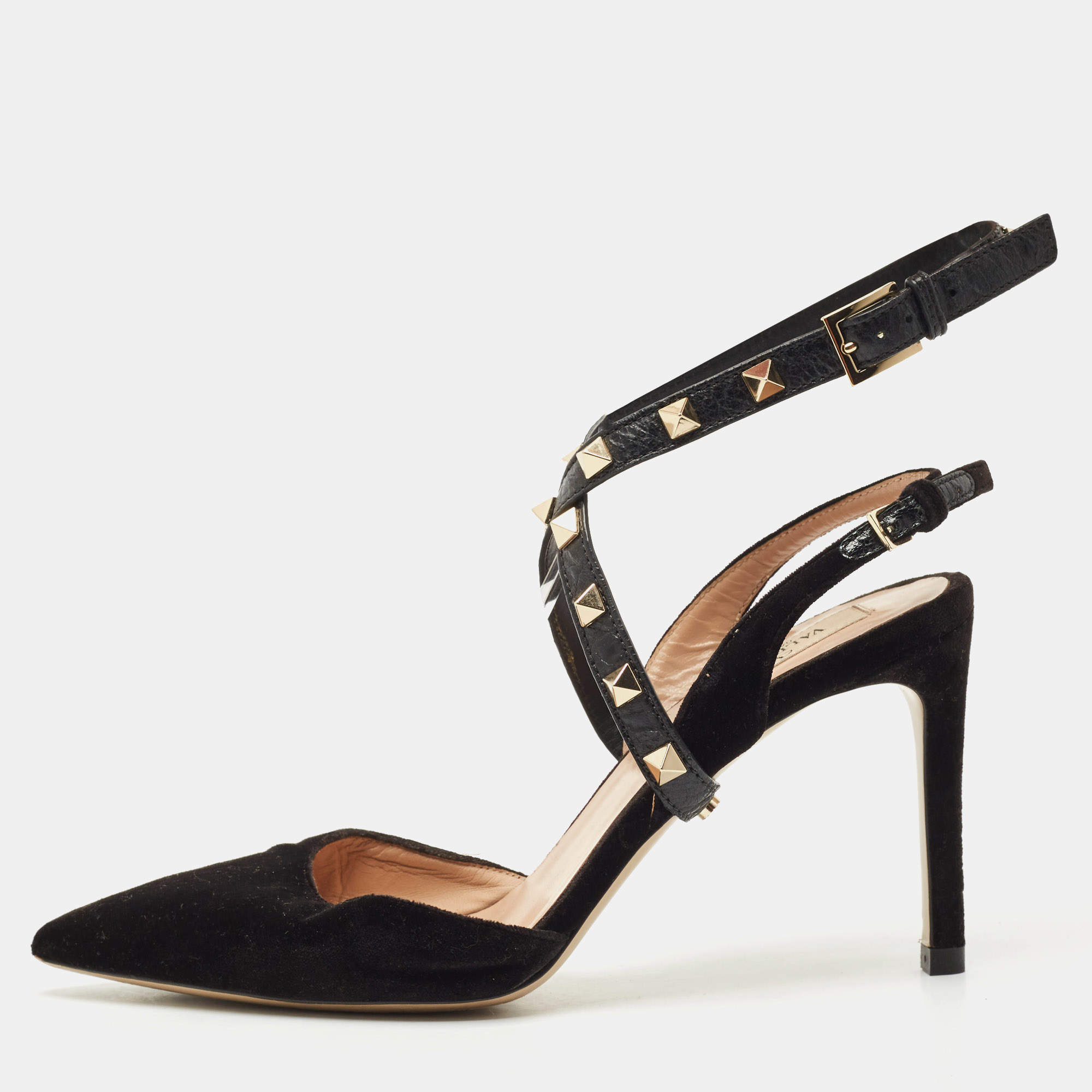 Valentino Black Velvet and Leather Rockstud Ankle Wrap Slingback Pumps Size 36.5