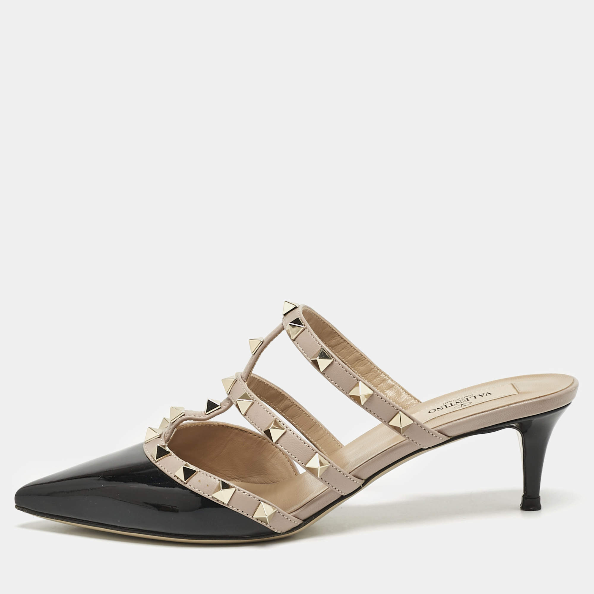 Valentino Black/Dusty Pink Patent and Leather Rockstud Mules Size 37