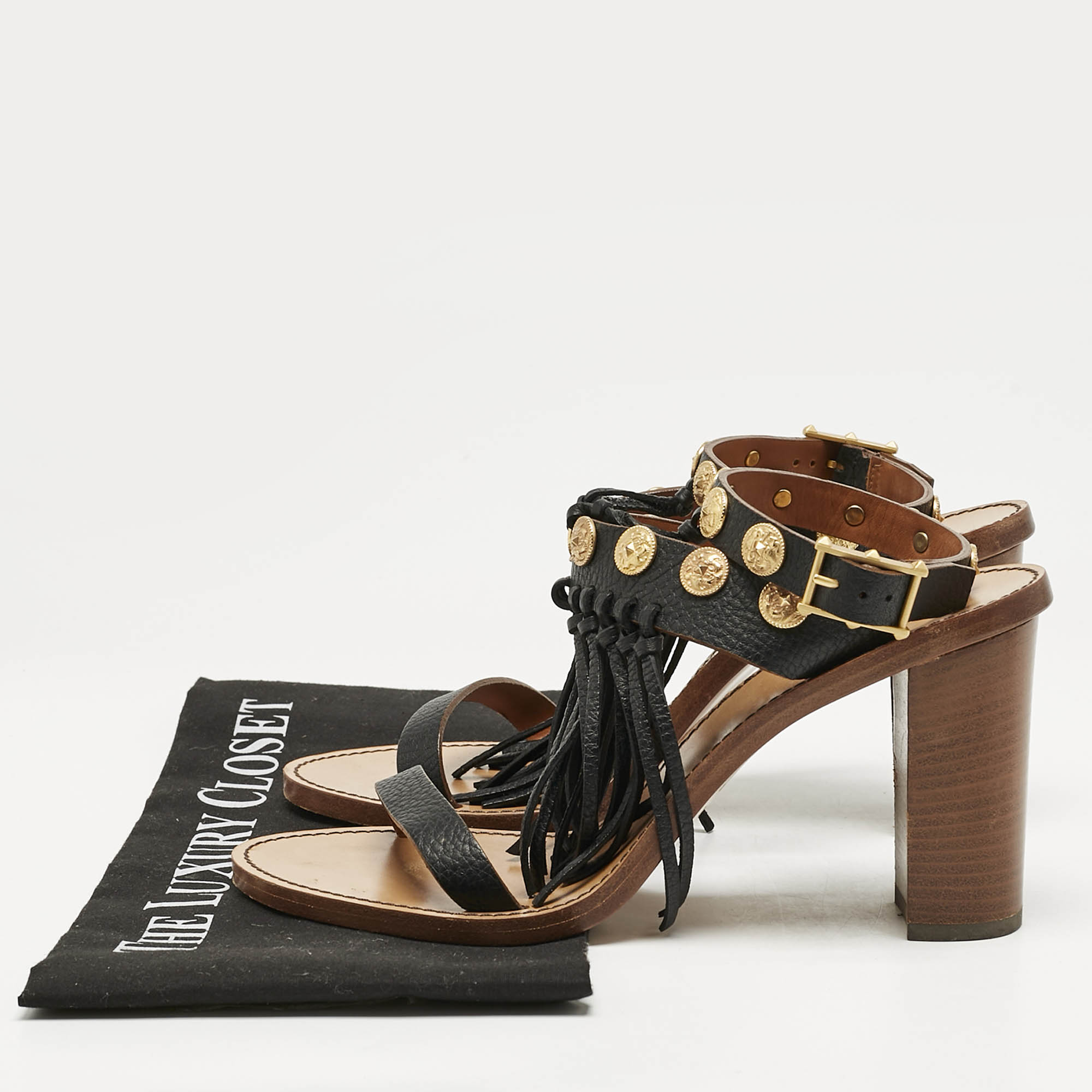 Pre Owned Valentino Black Leather Fringe Studded Ankle Strap Block Heel Sandals Size 39