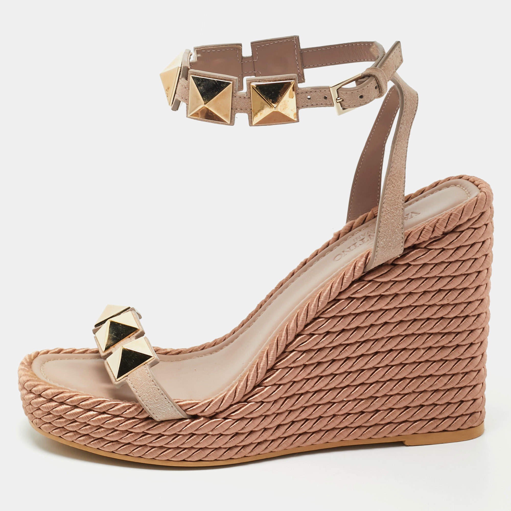 Valentino Beige Suede Roman Stud Platform Wedge Sandals Size 38