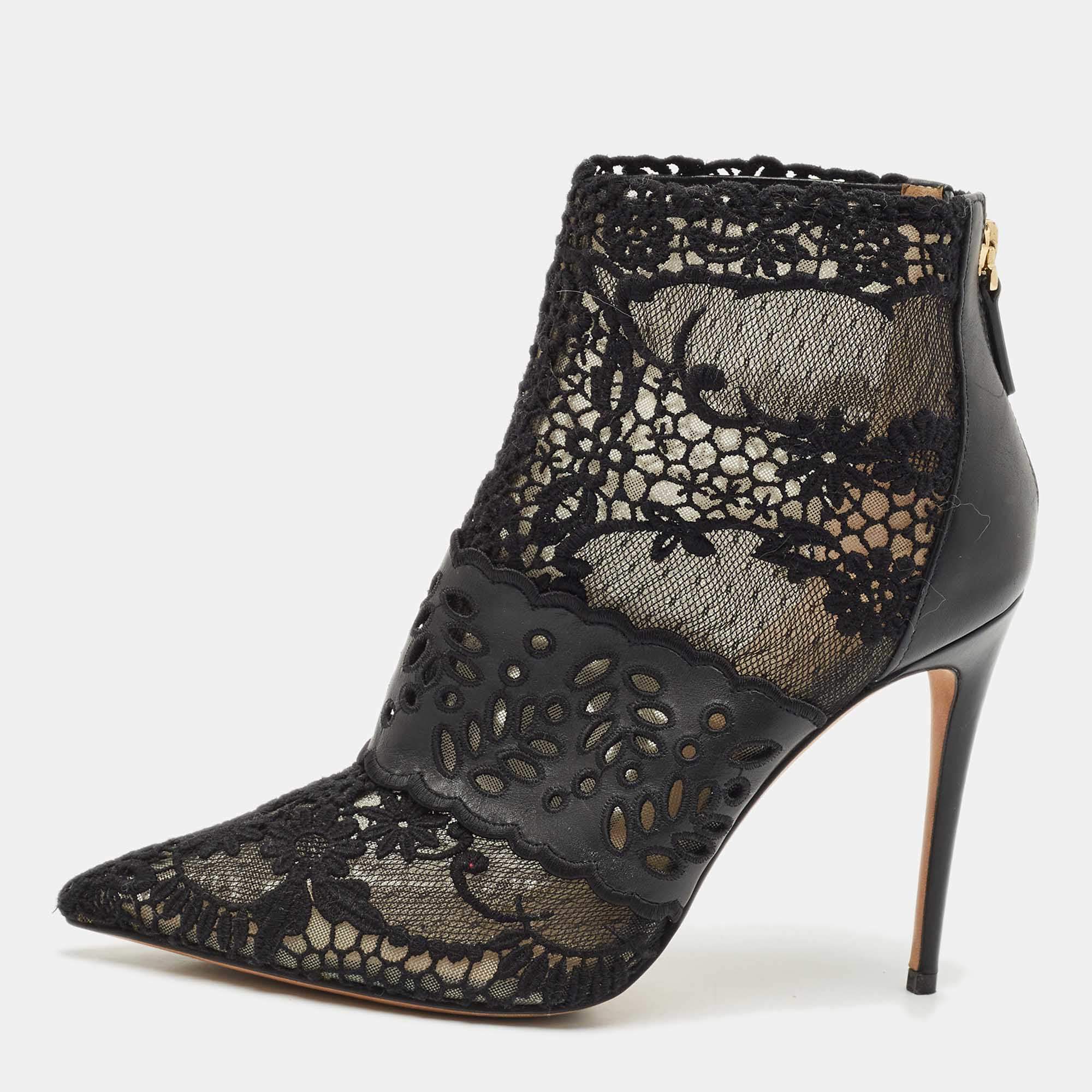 Pre Owned Valentino Black Leather and Lace Fusion Pointed Toe Ankle Length Boots Size 36