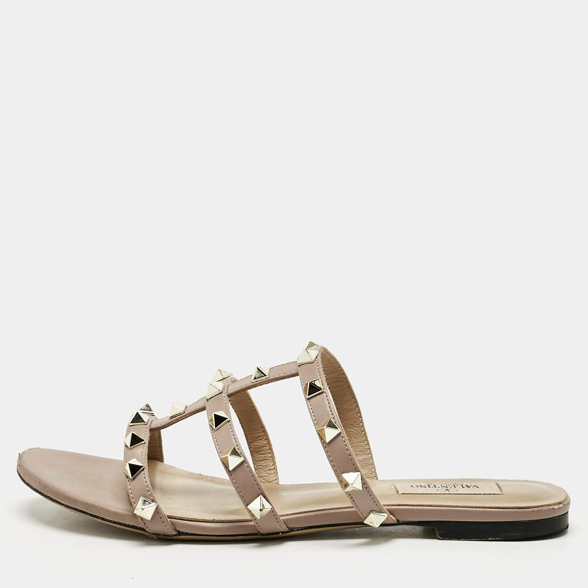 Pre Owned Valentino Dusty Pink Leather Rockstud Flat Slides Size 38
