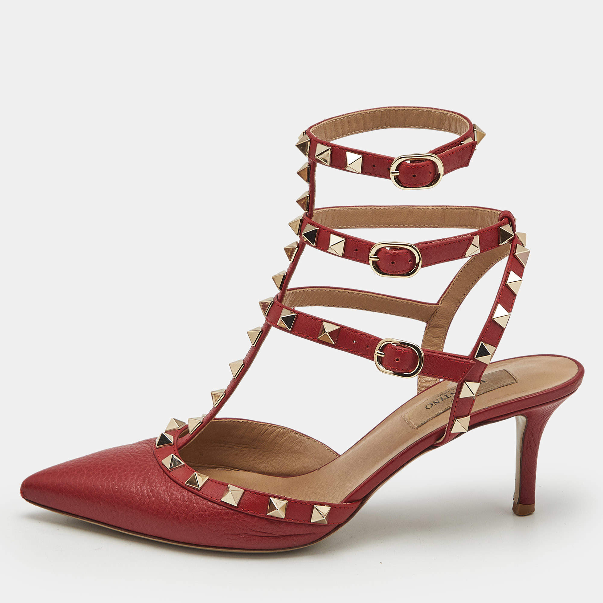 Valentino Red Leather Rockstud Caged Pumps Size 37.5