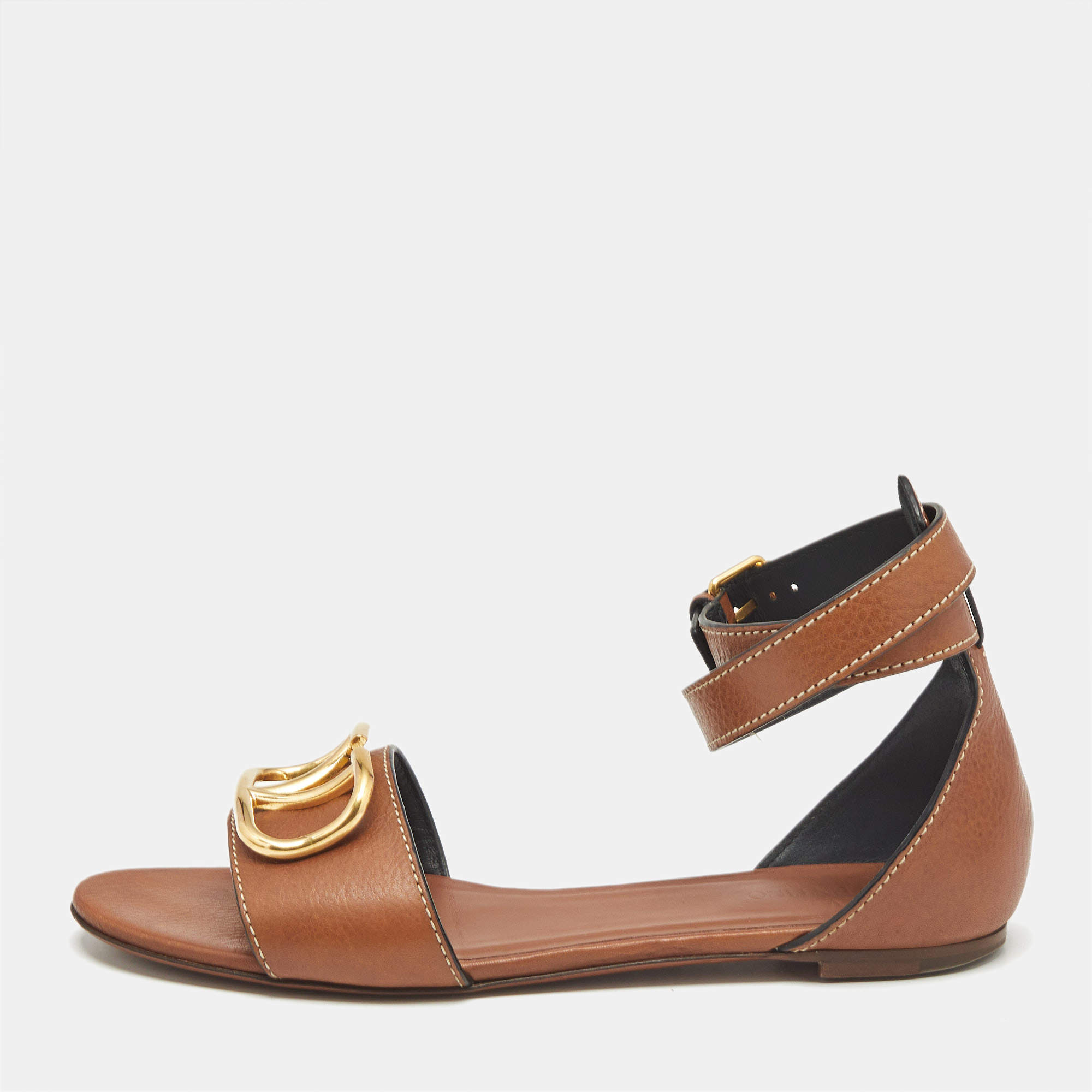 Pre Owned Valentino Brown Leather VLogo Slingback Flat Sandals Size 38.5