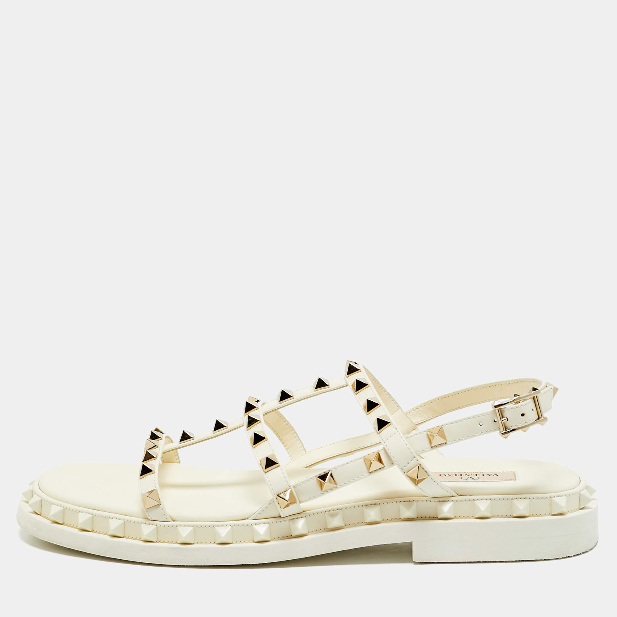 Valentino Cream Leather Rockstud Slingback Sandals Size 40.5