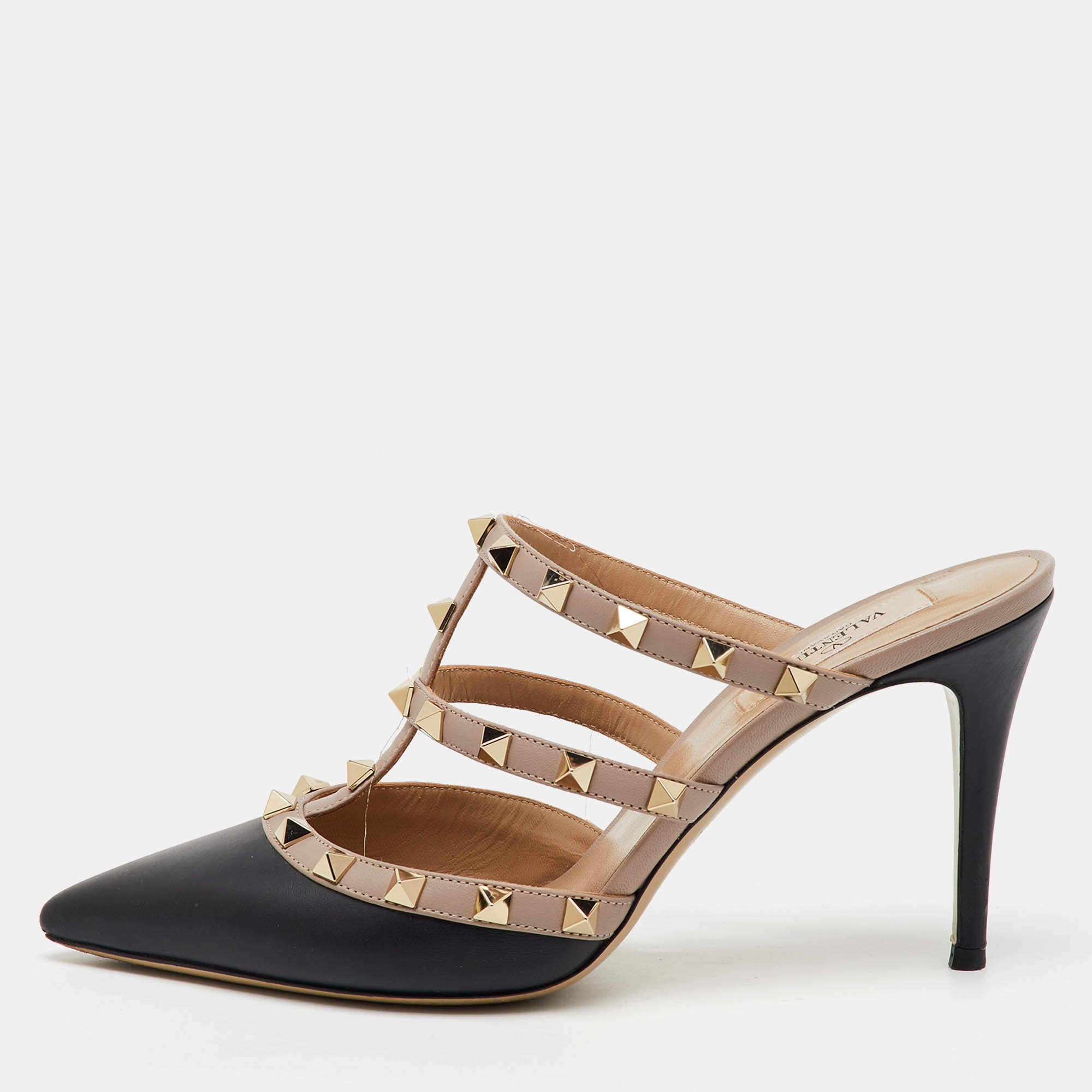 Valentino Black/Beige Leather Rockstud Pointed Toe Mules Size 38