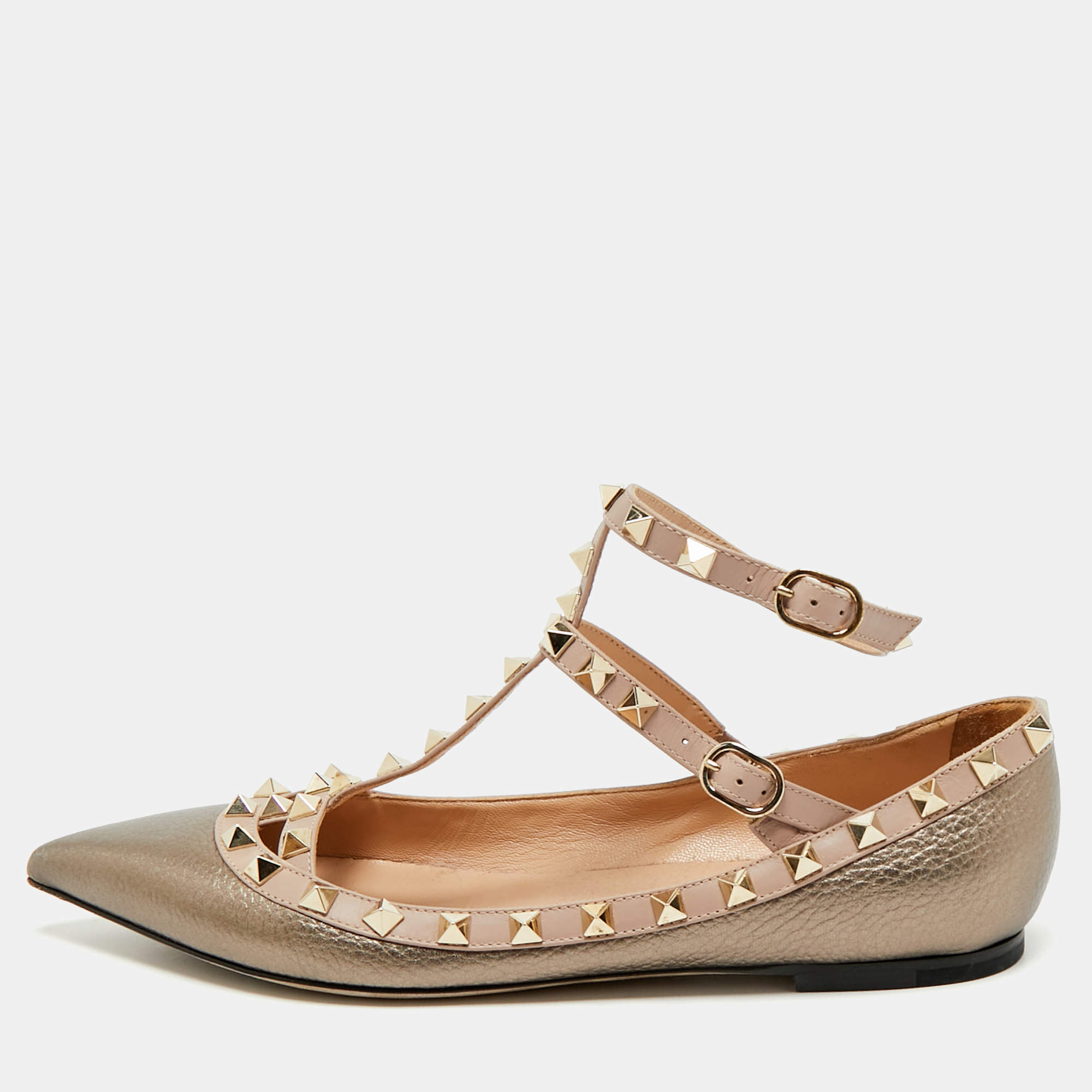 Pre Owned Valentino Metallic/Beige Leather Rockstud Caged Ankle Strap Ballet Flats Size 38.5