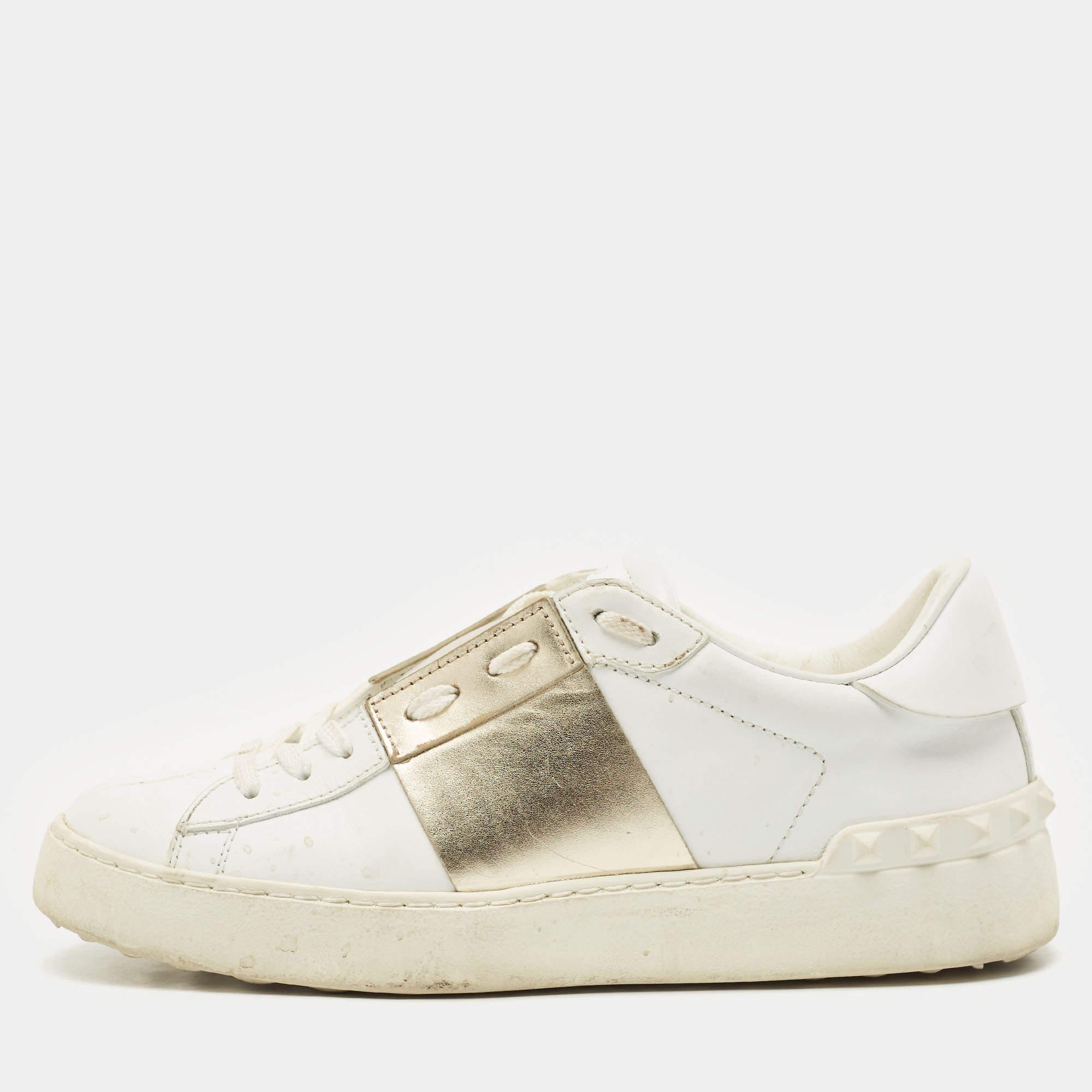 Pre Owned Valentino White/Gold Leather Open Low Top Sneakers Size 36.5