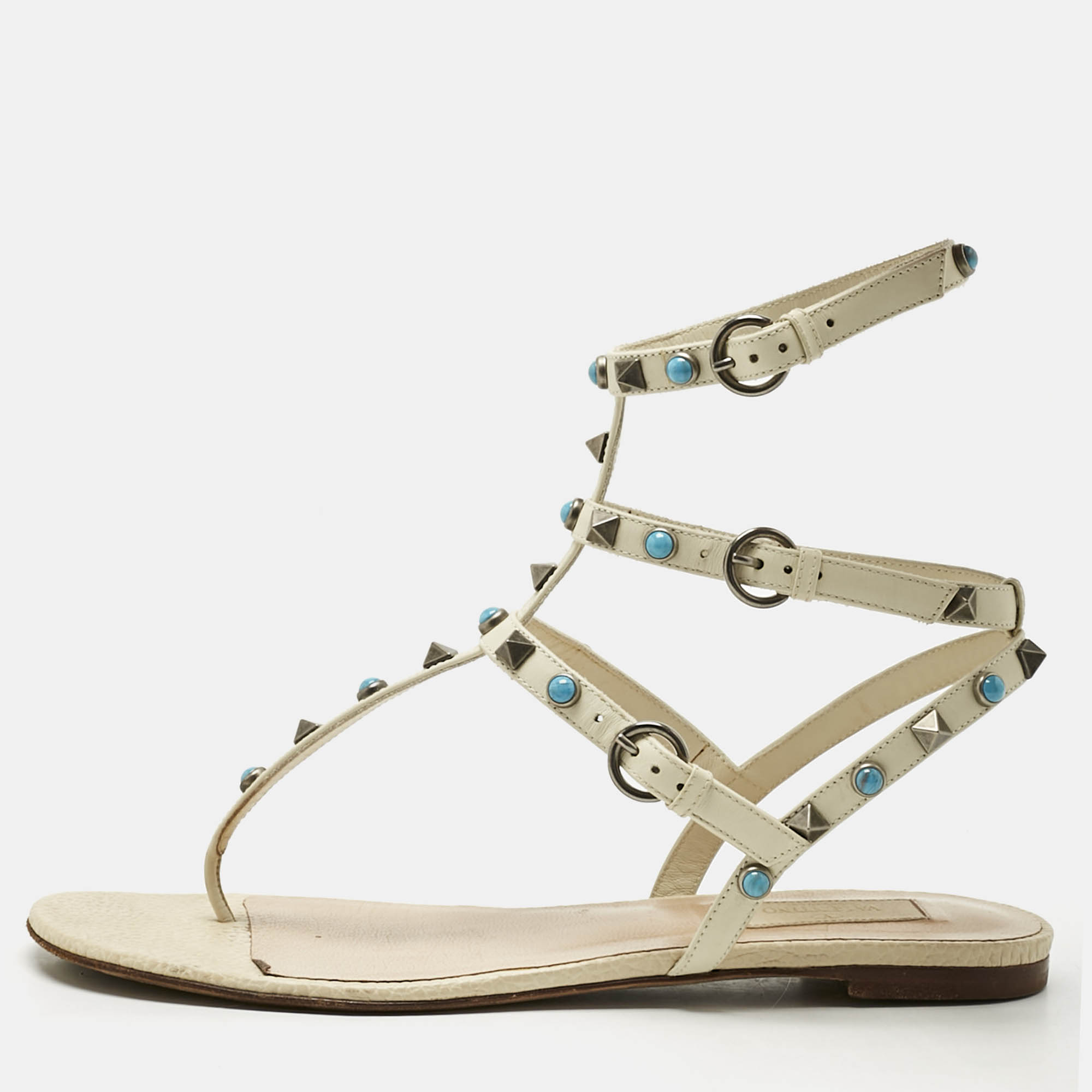 Valentino Cream Leather Rockstud Ankle Wrap Flat Sandals Size 38