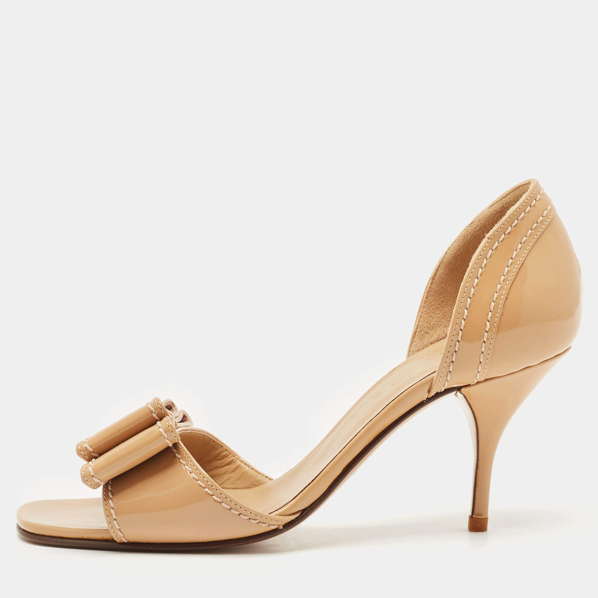 Valentino Beige  Patent Bow Embellished D'orsay Open Toe Pumps Size 35.5