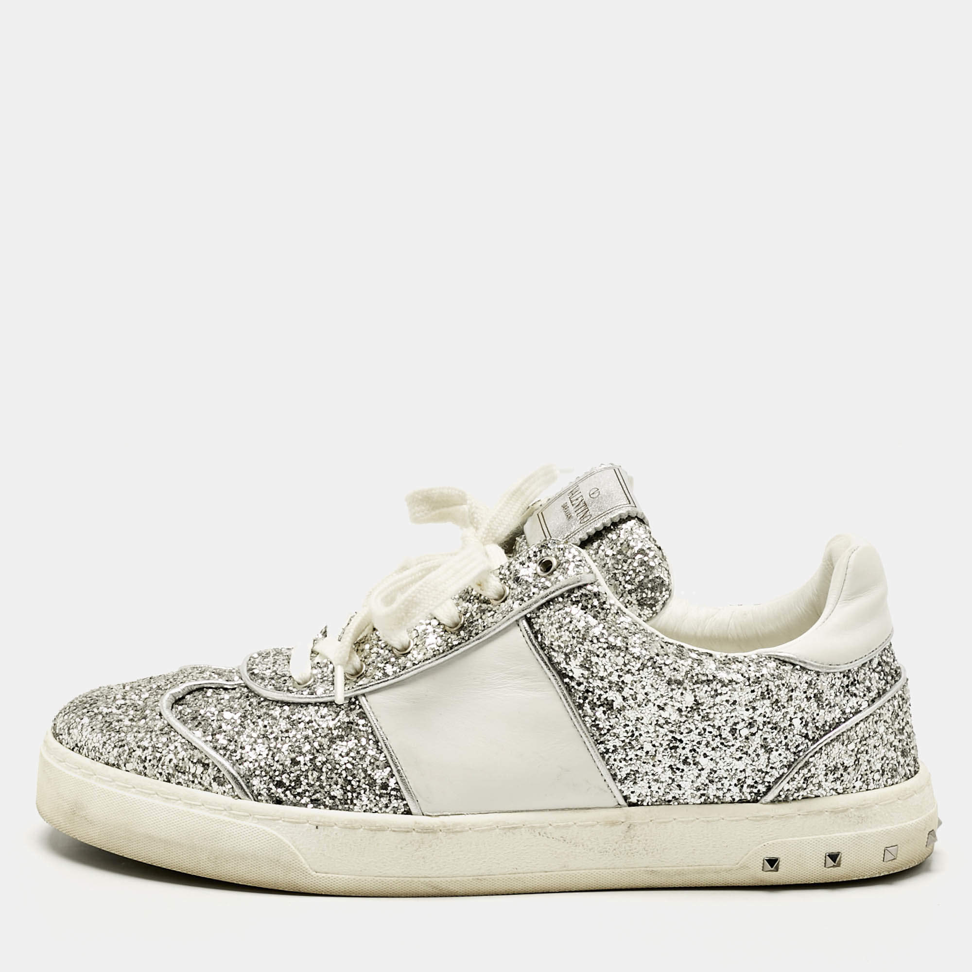 Valentino Silver Glitter and Leather Fly Crew Low Top Sneakers Size 41