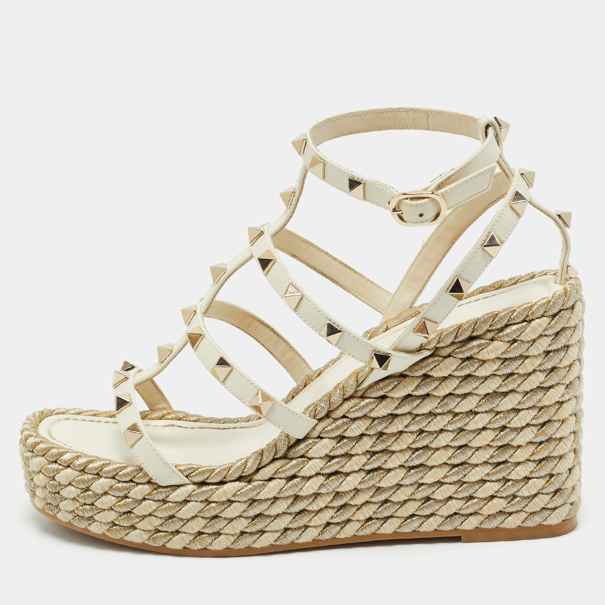 Valentino Cream Leather Rockstud Wedge Sandals Size 38