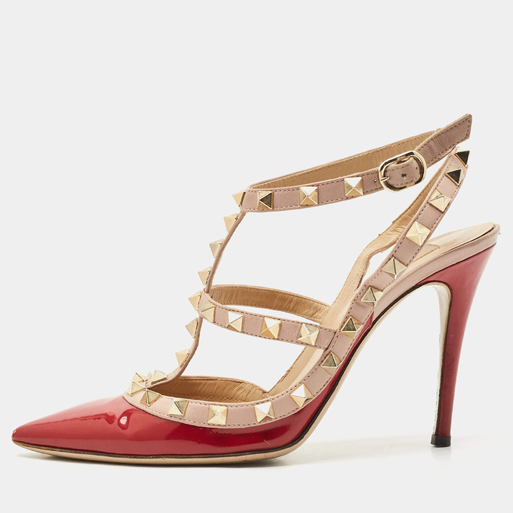 Pre Owned Valentino Red/Beige Patent Leather Rockstud Ankle Strap Pumps Size 36.5