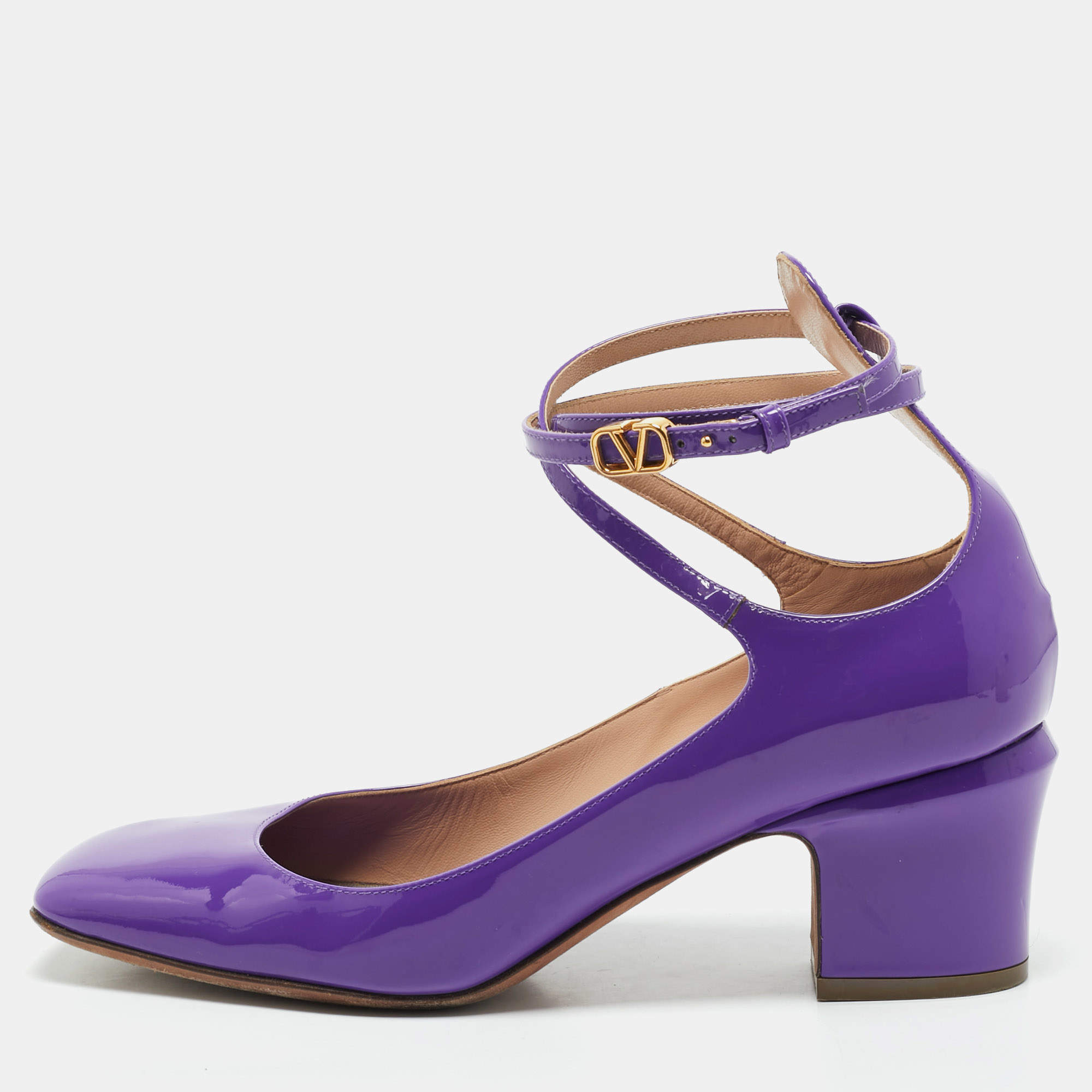 Valentino Purple Patent Leather Tan-Go Block Heel Pumps Size 39.5