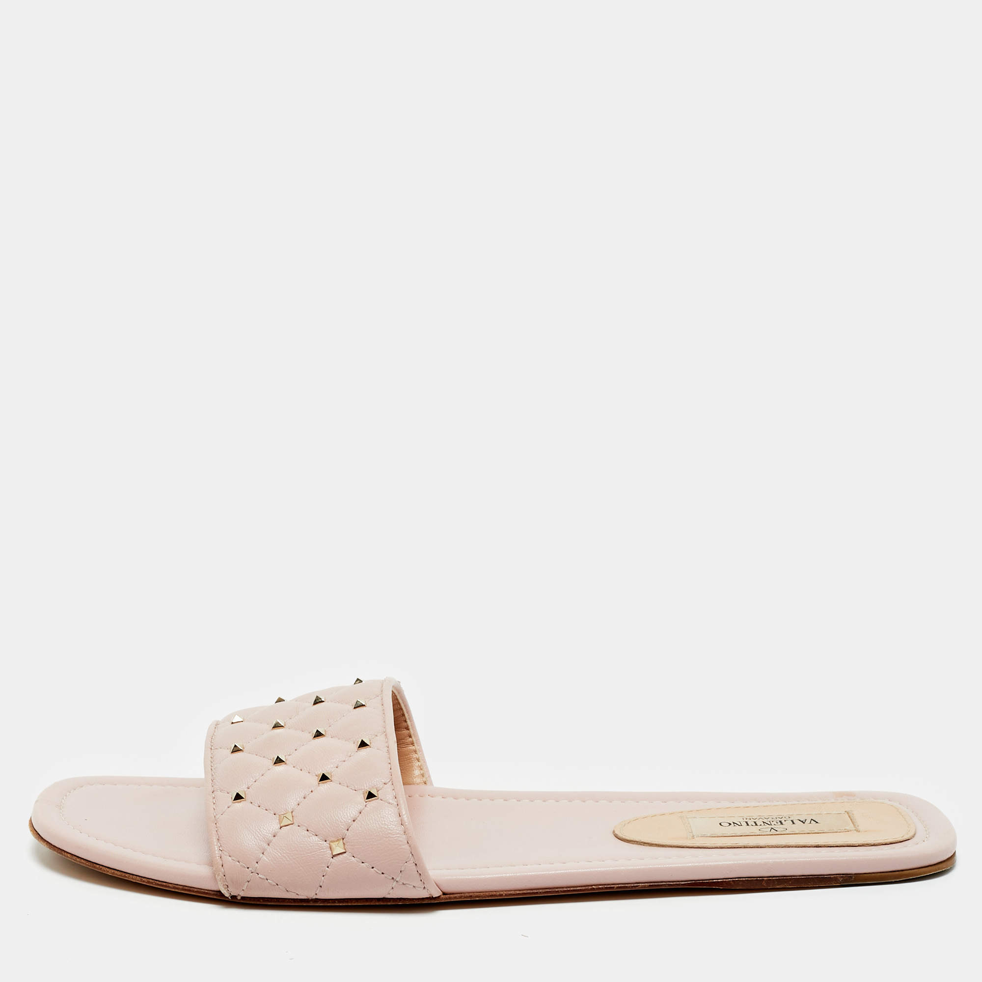 Pre Owned Valentino Light Pink Quilted Leather Rockstud Flat Slide Sandals Size 40