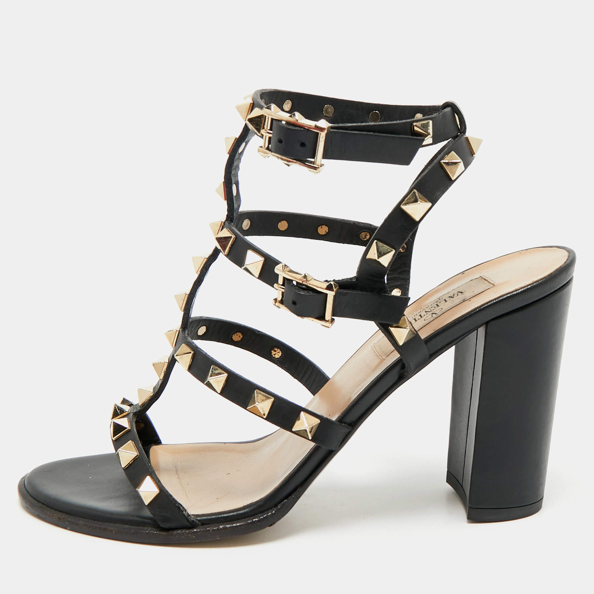 Pre Owned Valentino Black Leather Rockstud Block Heel Strappy Sandals Size 37.5