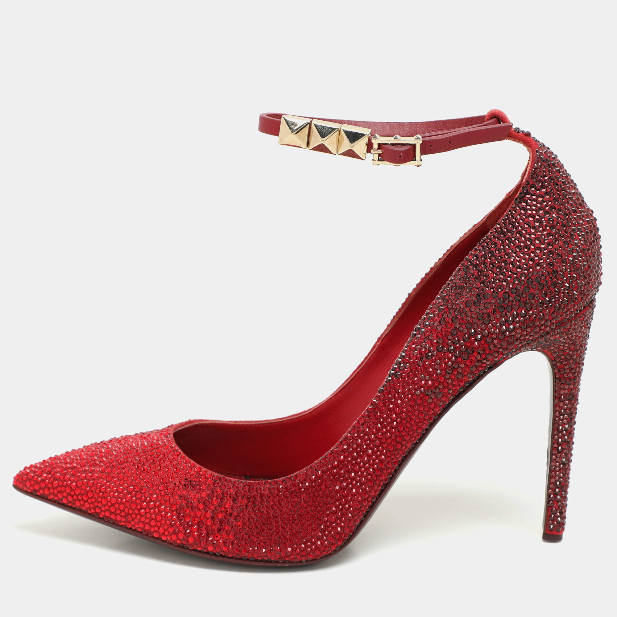 Pre Owned Valentino Burgundy Suede Crystal Embellished Ankle Strap Pumps Size 37