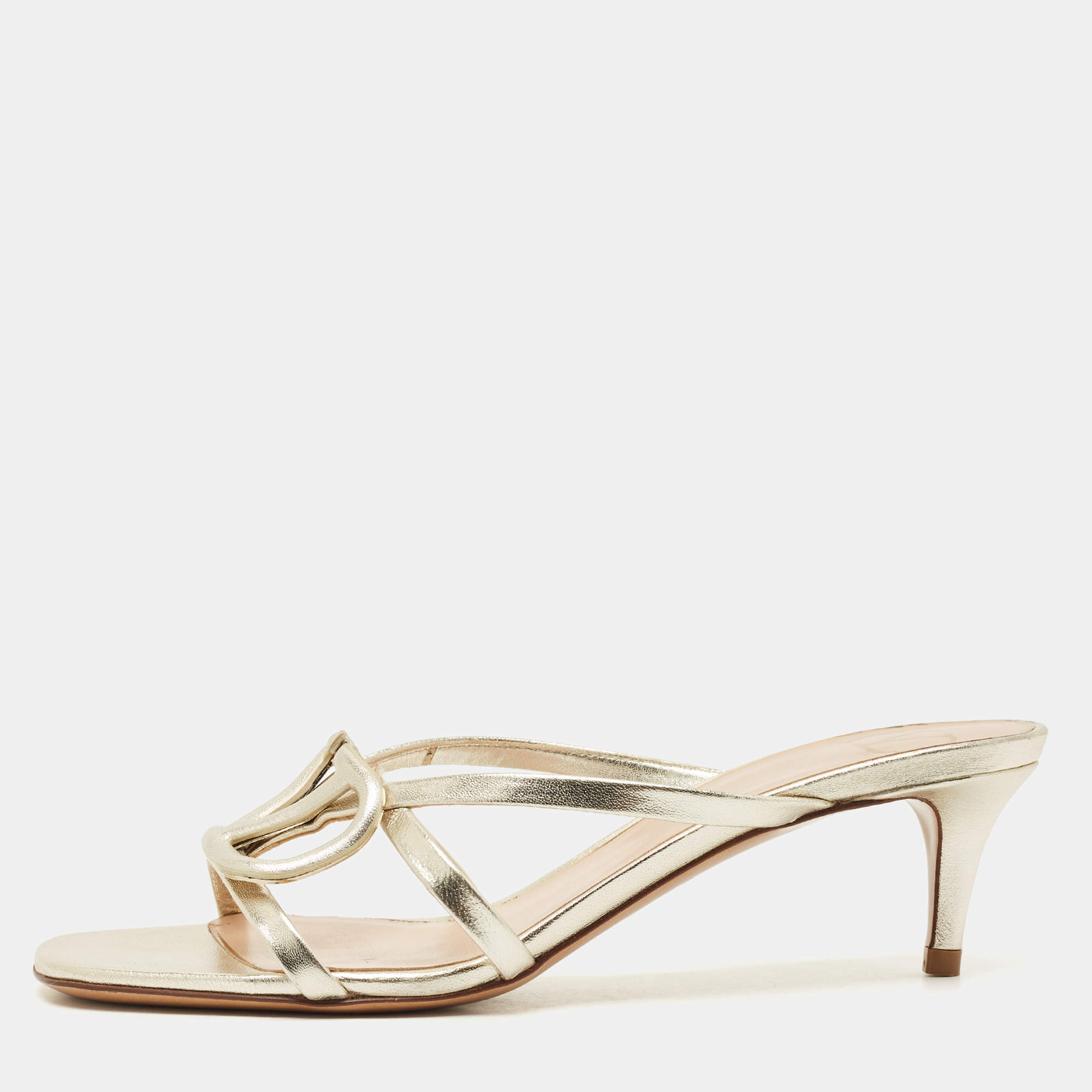 Pre Owned Valentino Metallic Leather VLogo Signature Slide Sandals Size 36