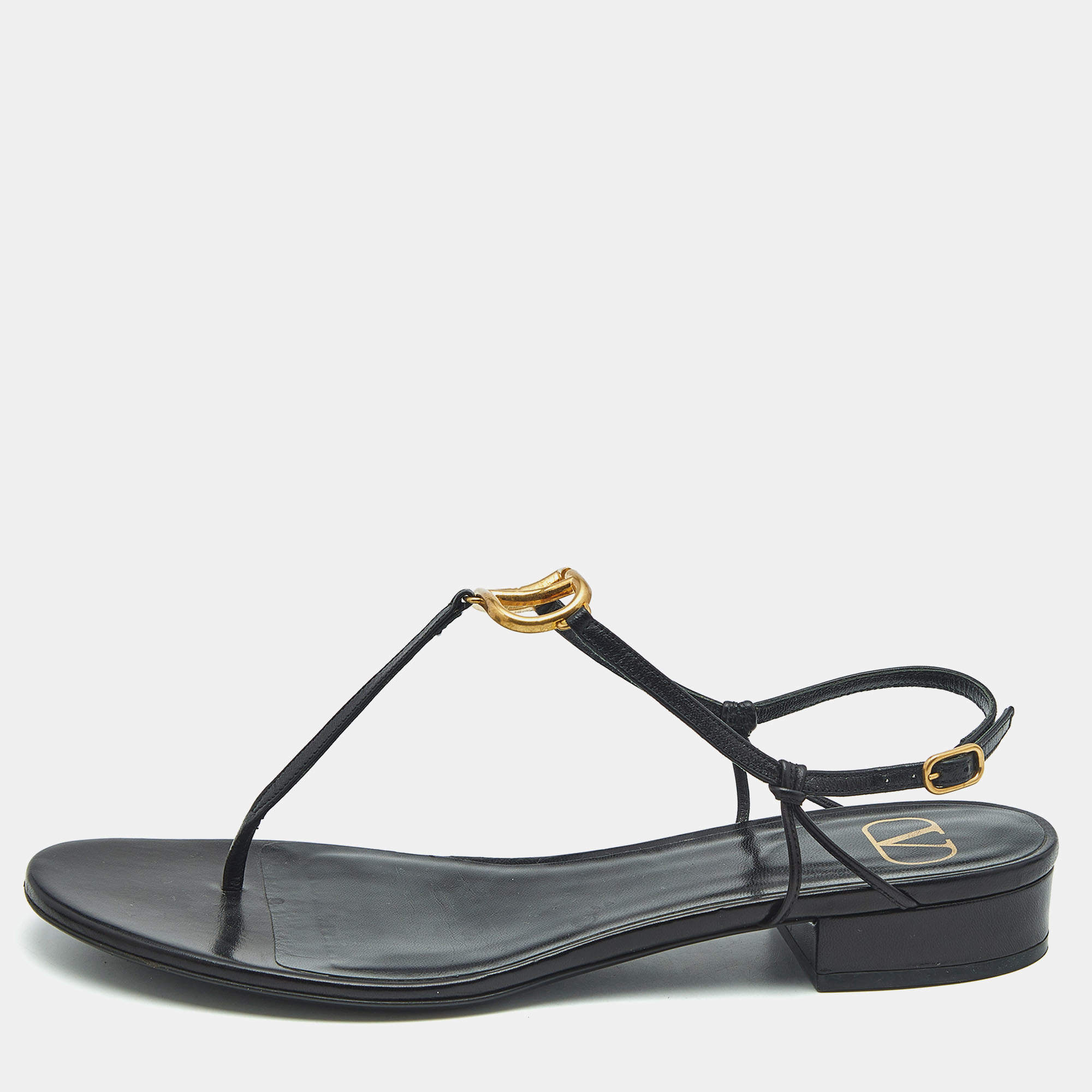 Pre Owned Valentino Black Leather VLogo Thong Sandals Size 40