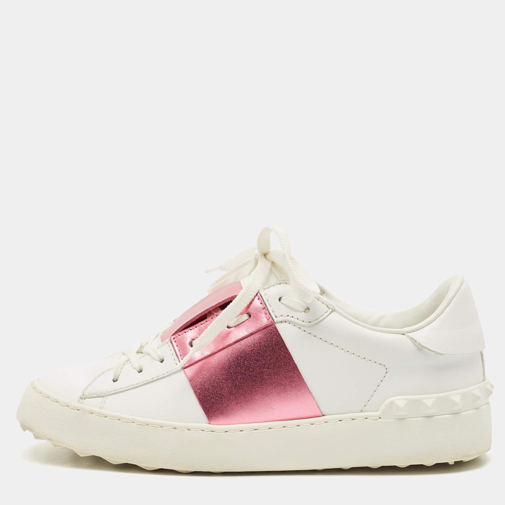 Valentino White/Pink Leather Rockstud Lace Up  Sneakers Size 37