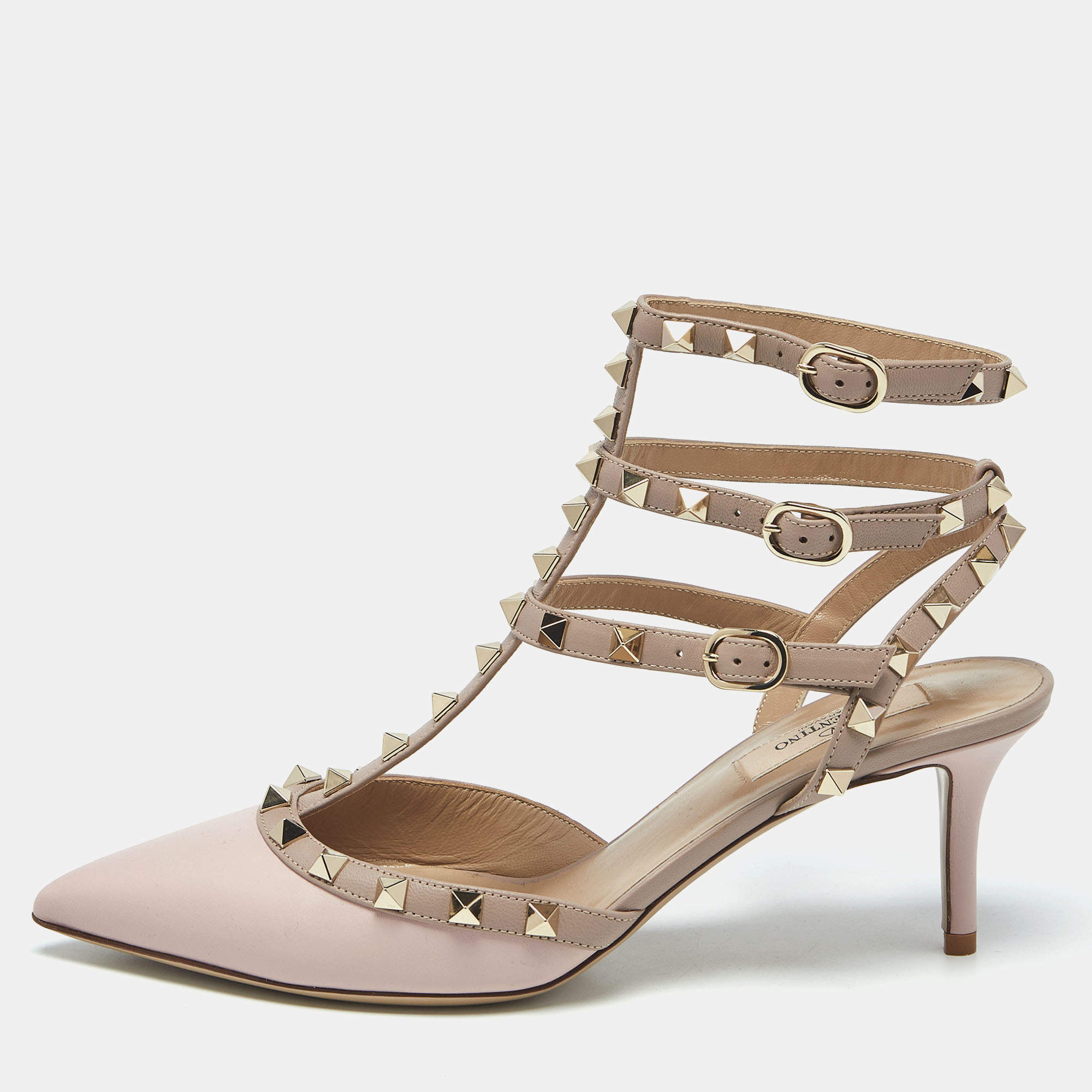 Pre Owned Valentino Dusty Pink Leather Rockstud Ankle Strap Pumps Size 39