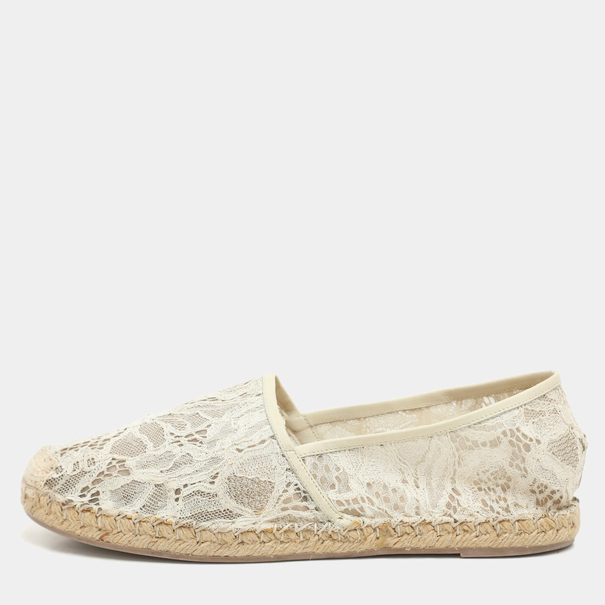 Pre Owned Valentino White Lace Espadrille Flats Size 40