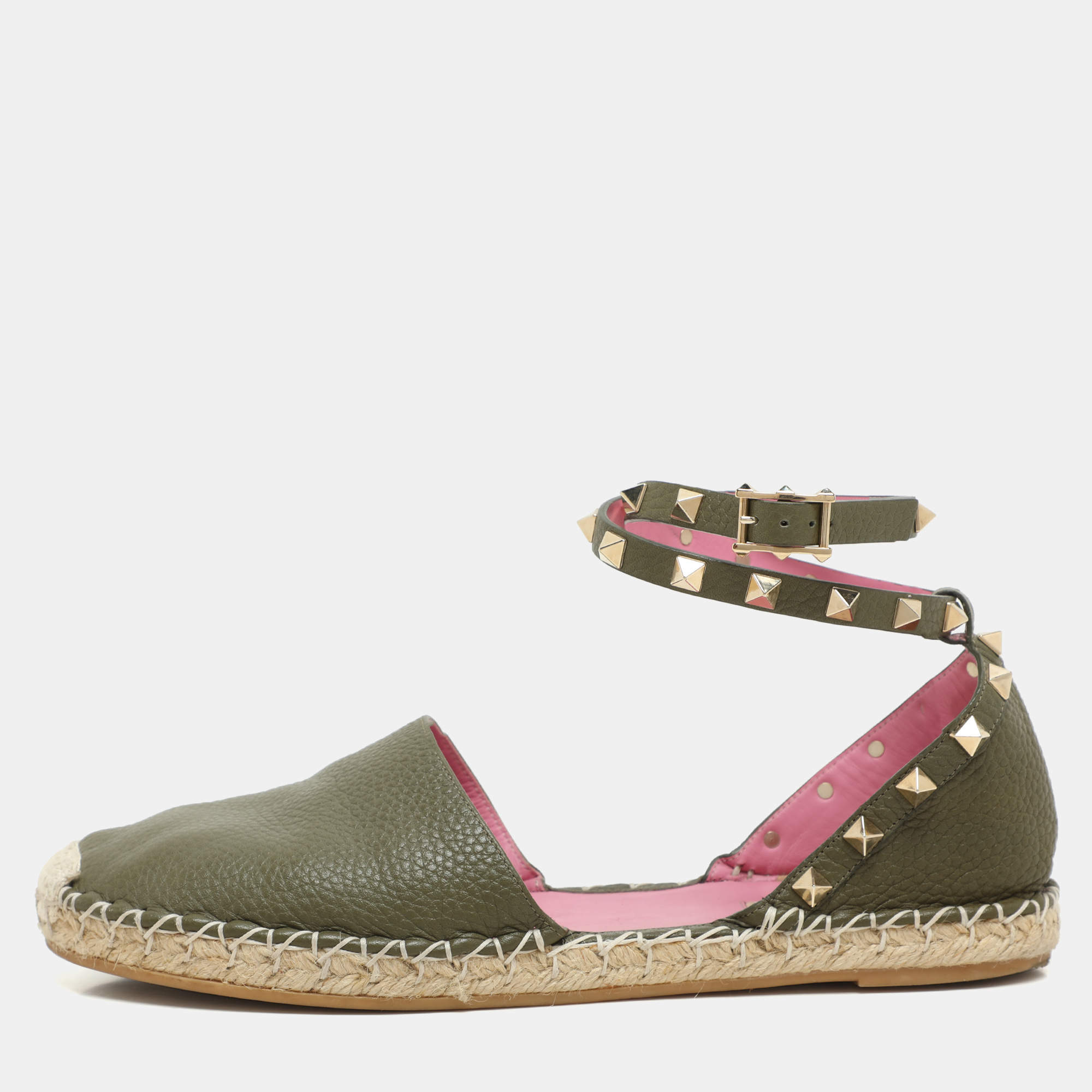 Pre Owned Valentino Olive Green Leather Rockstud Ankle Strap Espadrille Flats Size 40