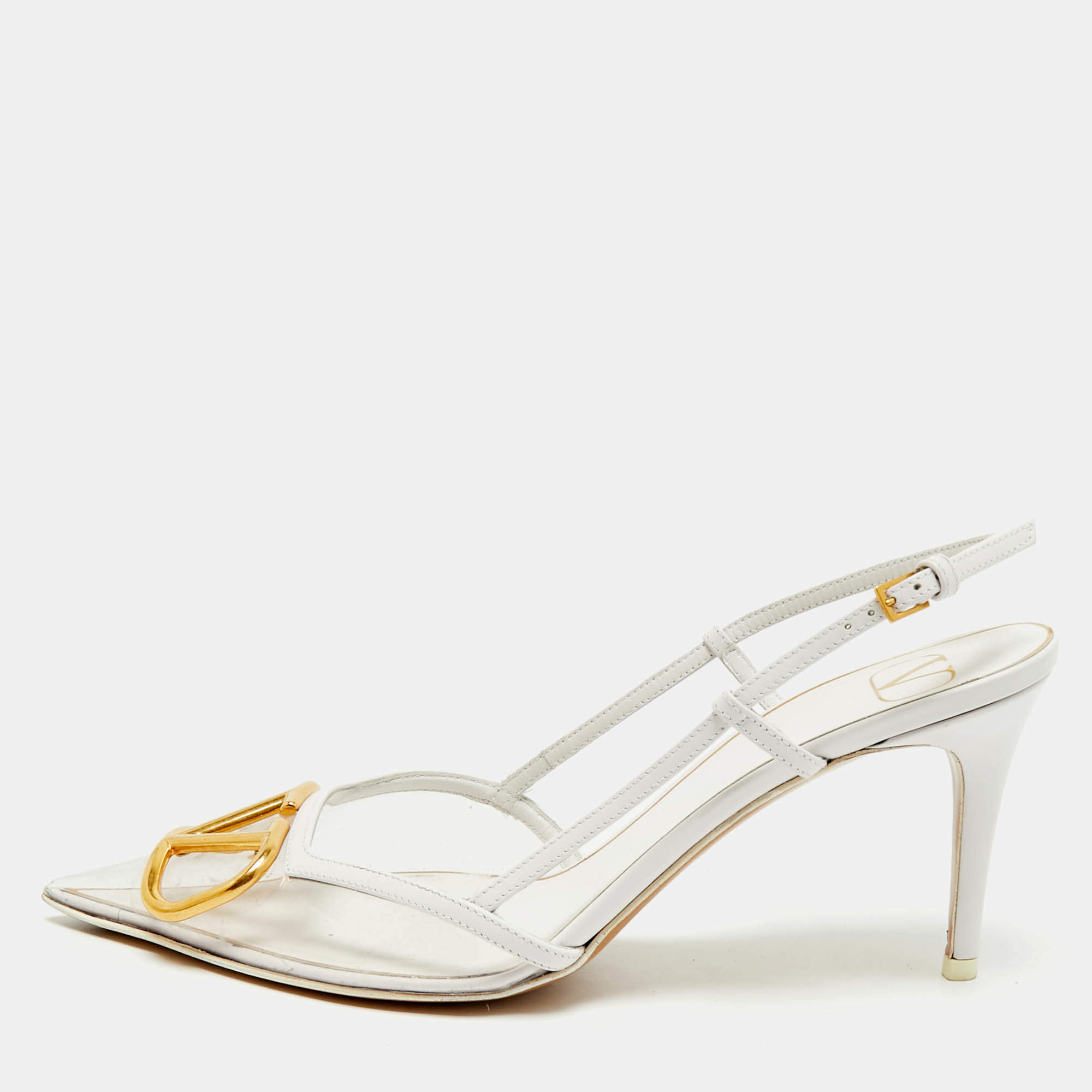 Pre Owned Valentino White/Transparent Leather VLogo Slingback Pumps Size 39.5