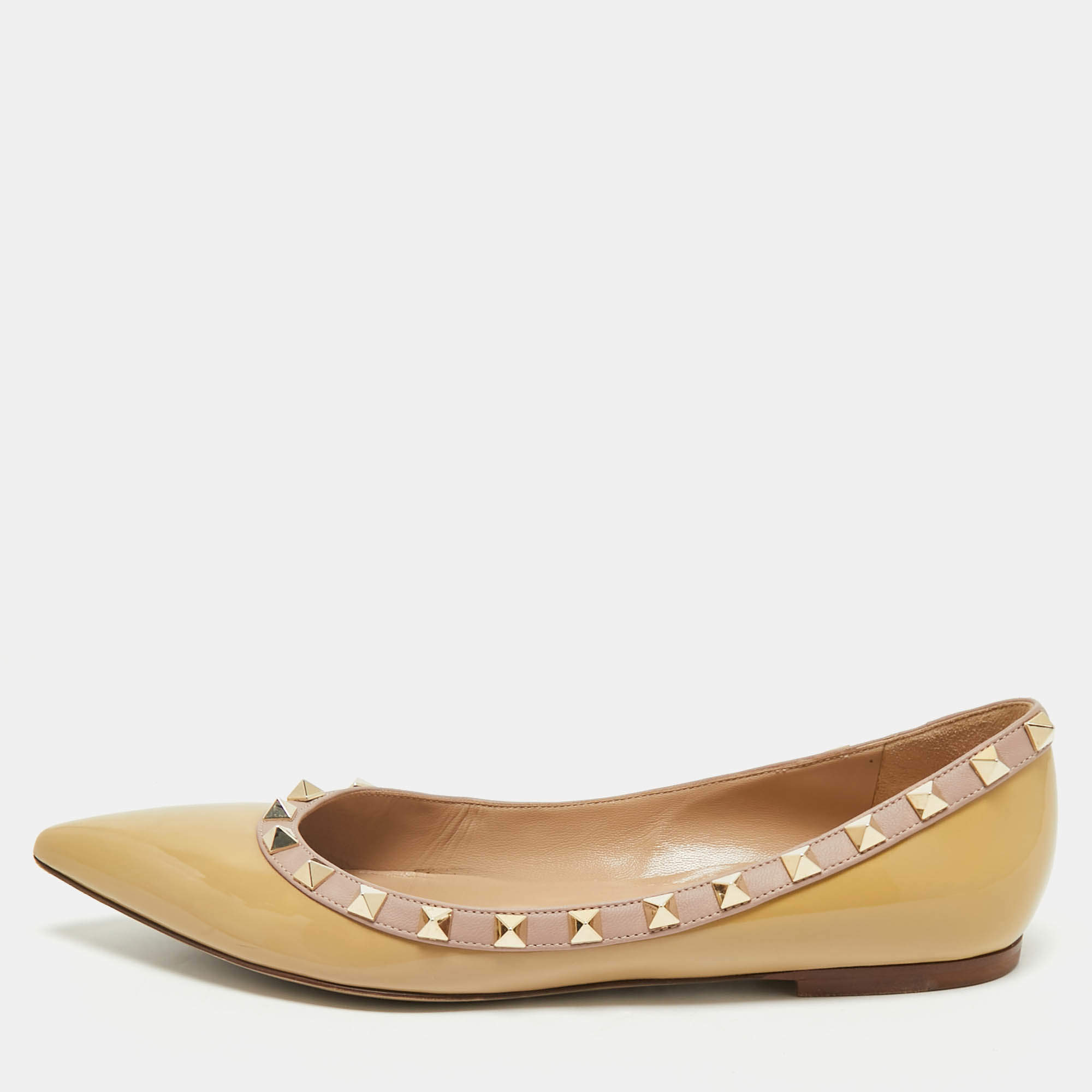 Pre Owned Valentino Beige Patent Leather Rockstud Pointed Toe Ballet Flats Size 38