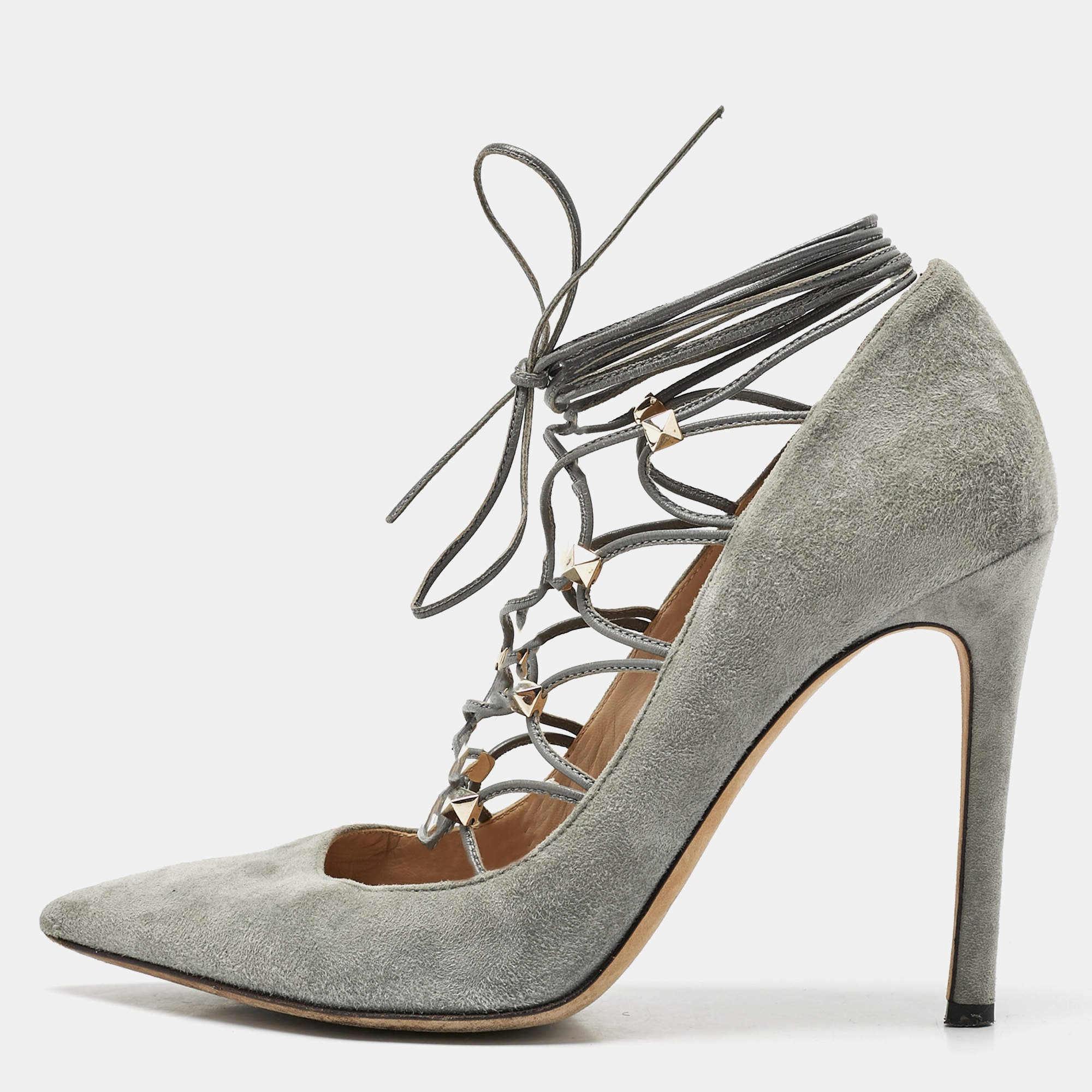 Pre Owned Valentino Grey Suede Rockstud Ankle Wrap Pointed Toe Pumps Size 38