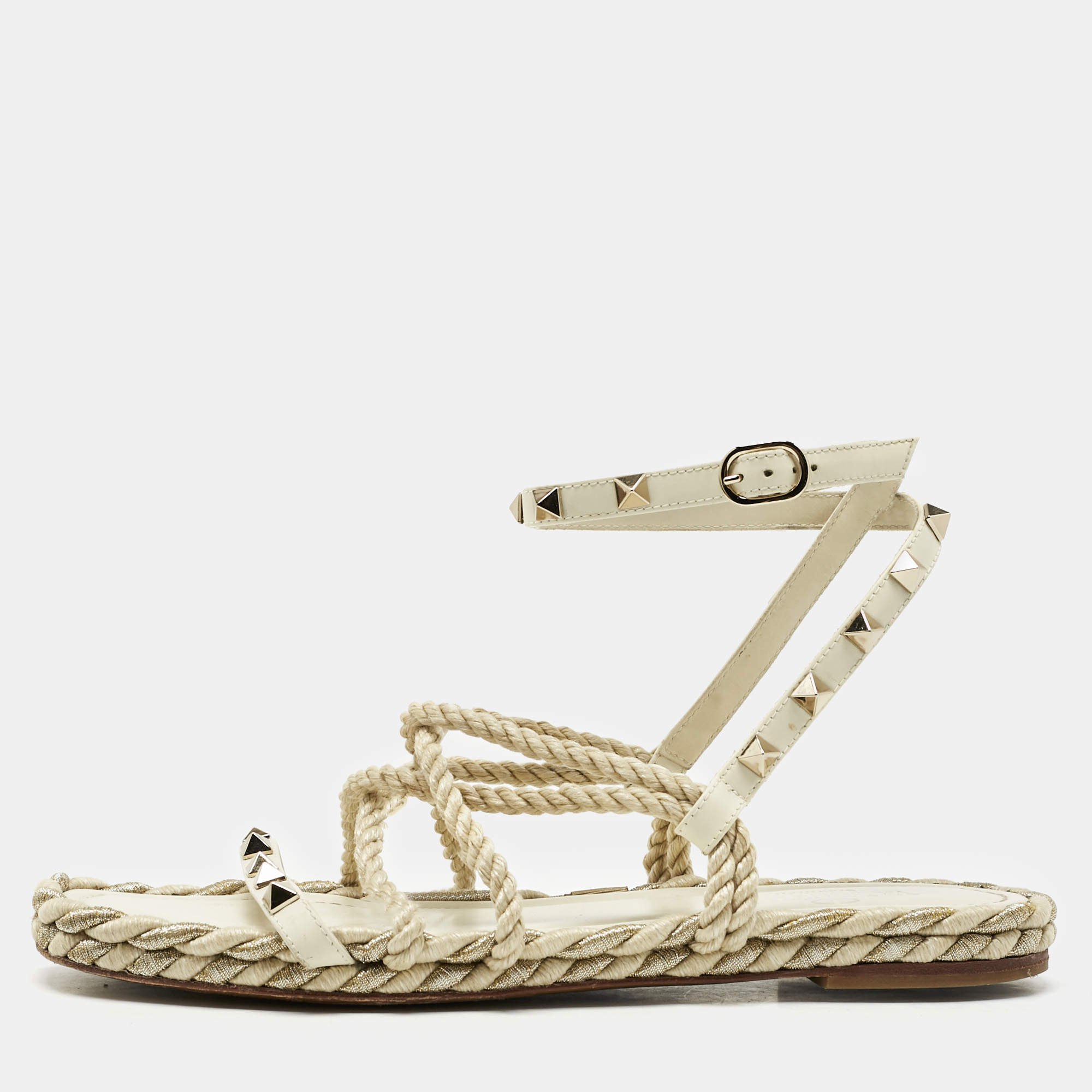 Pre Owned Valentino Cream Woven Fabric Rockstud Torchon Sandals Size 38