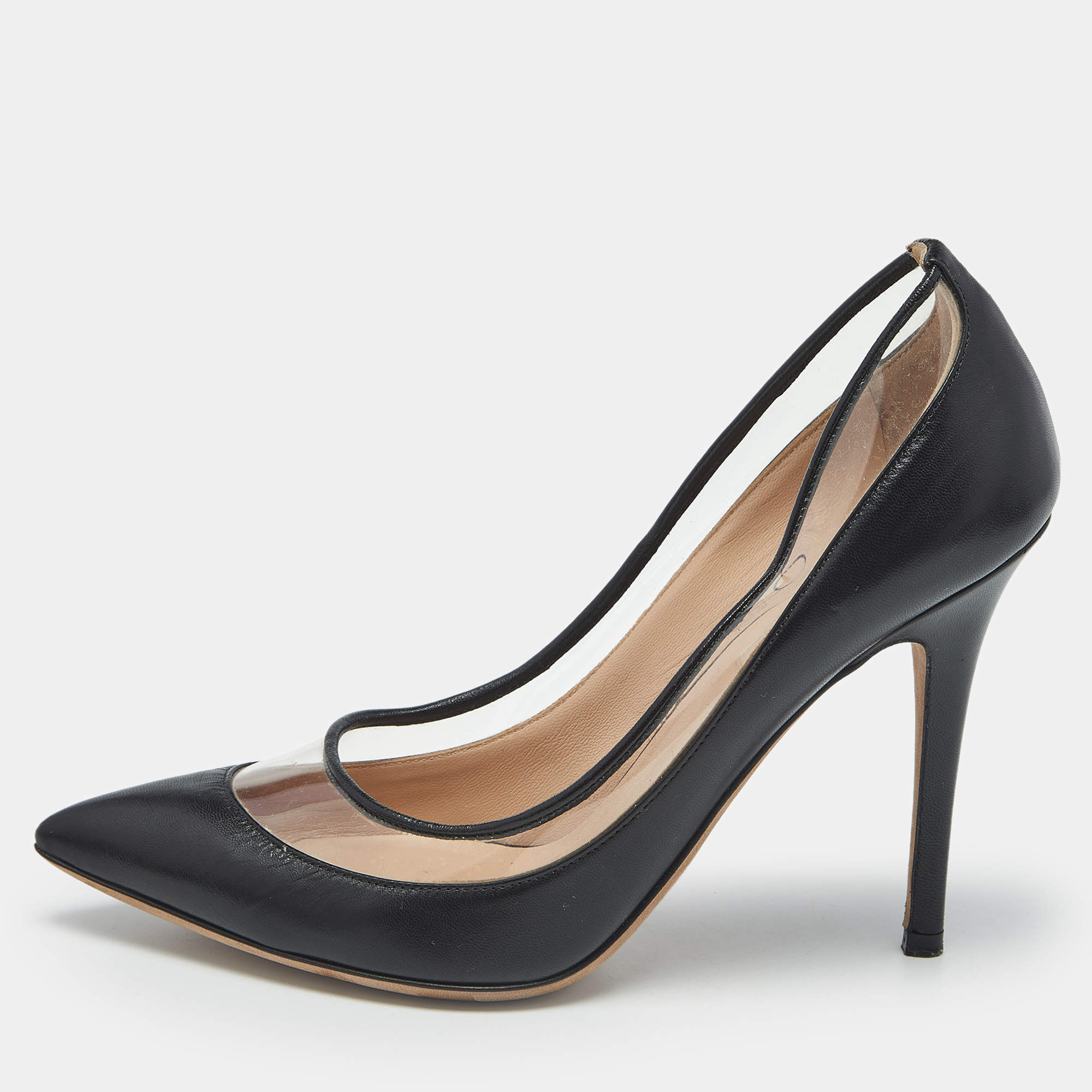 Pre Owned Valentino Black Leather and PVC Dollybow Pointed Toe Pumps Size 37