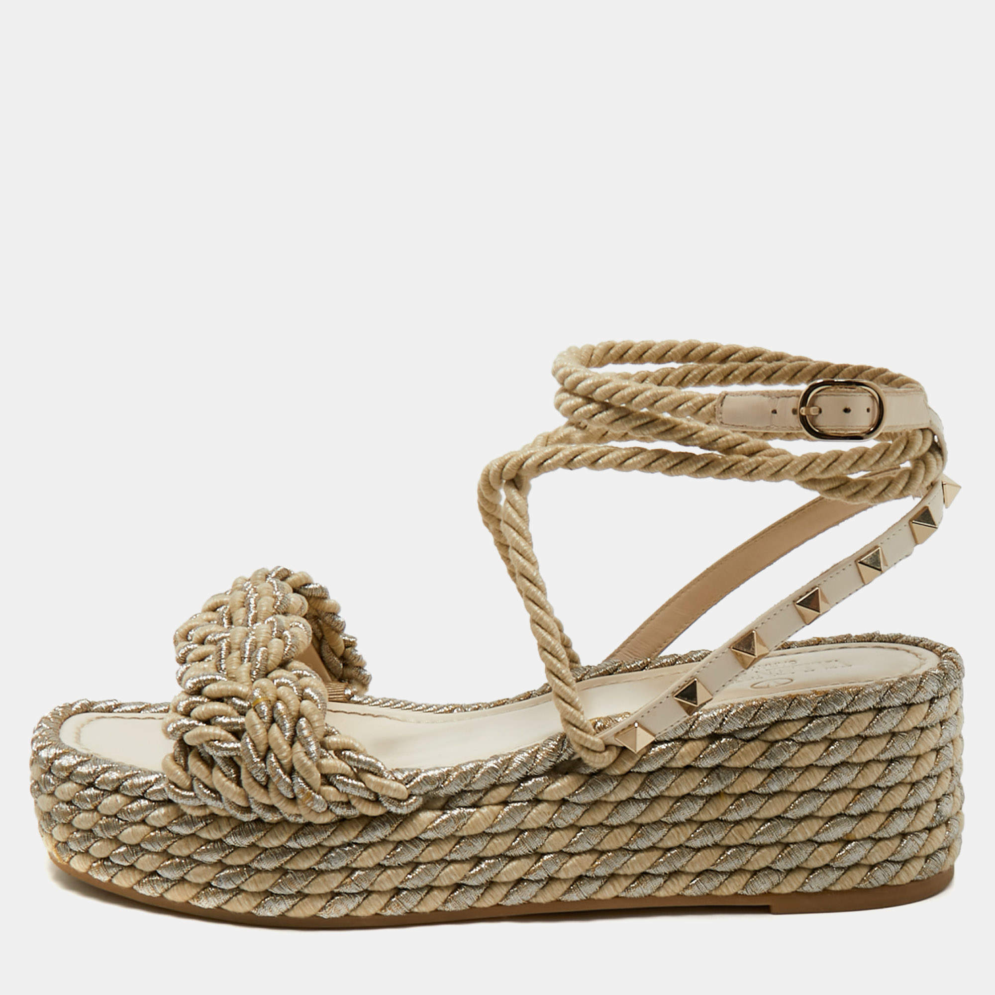 Pre Owned Valentino Light Gold/Cream Leather and Rope Rockstud Torchon Wedge Sandals Size 38