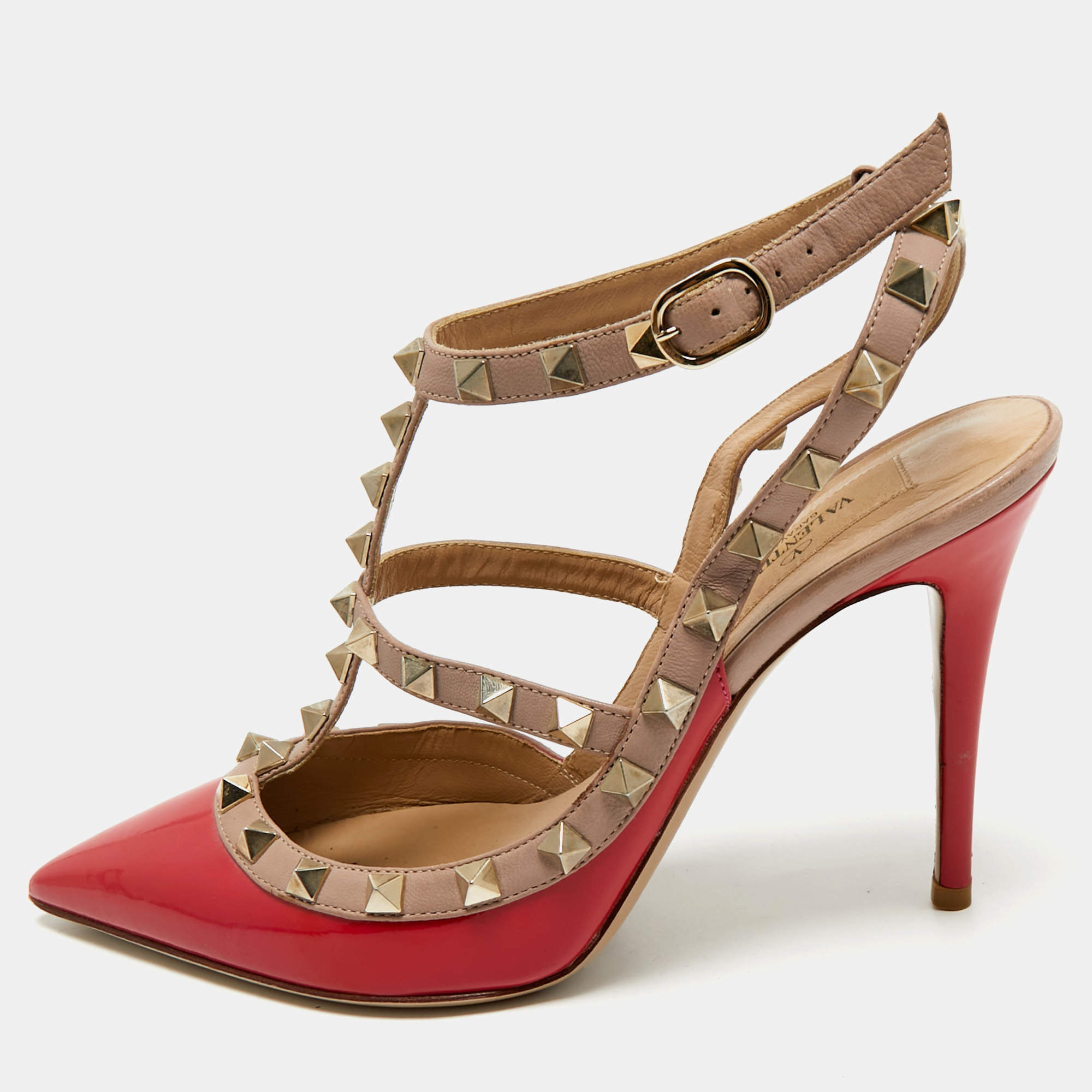 Pre Owned Valentino Red/Beige Patent Leather Rockstud Ankle Strap Pumps Size 37.5