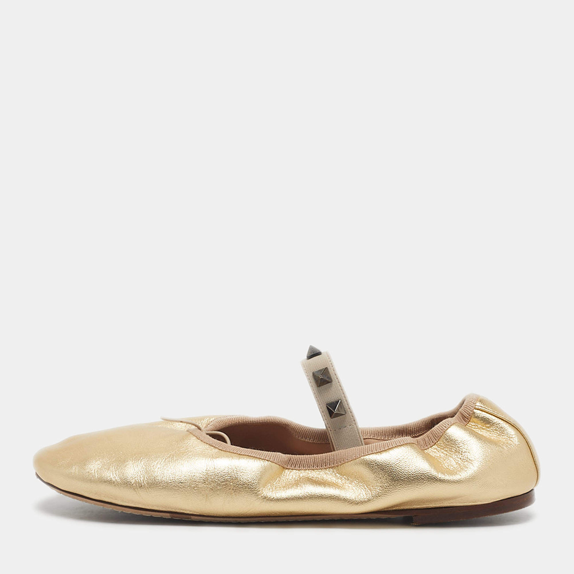 Pre Owned Valentino Gold Leather Rockstud Bow Ballet Flats Size 38