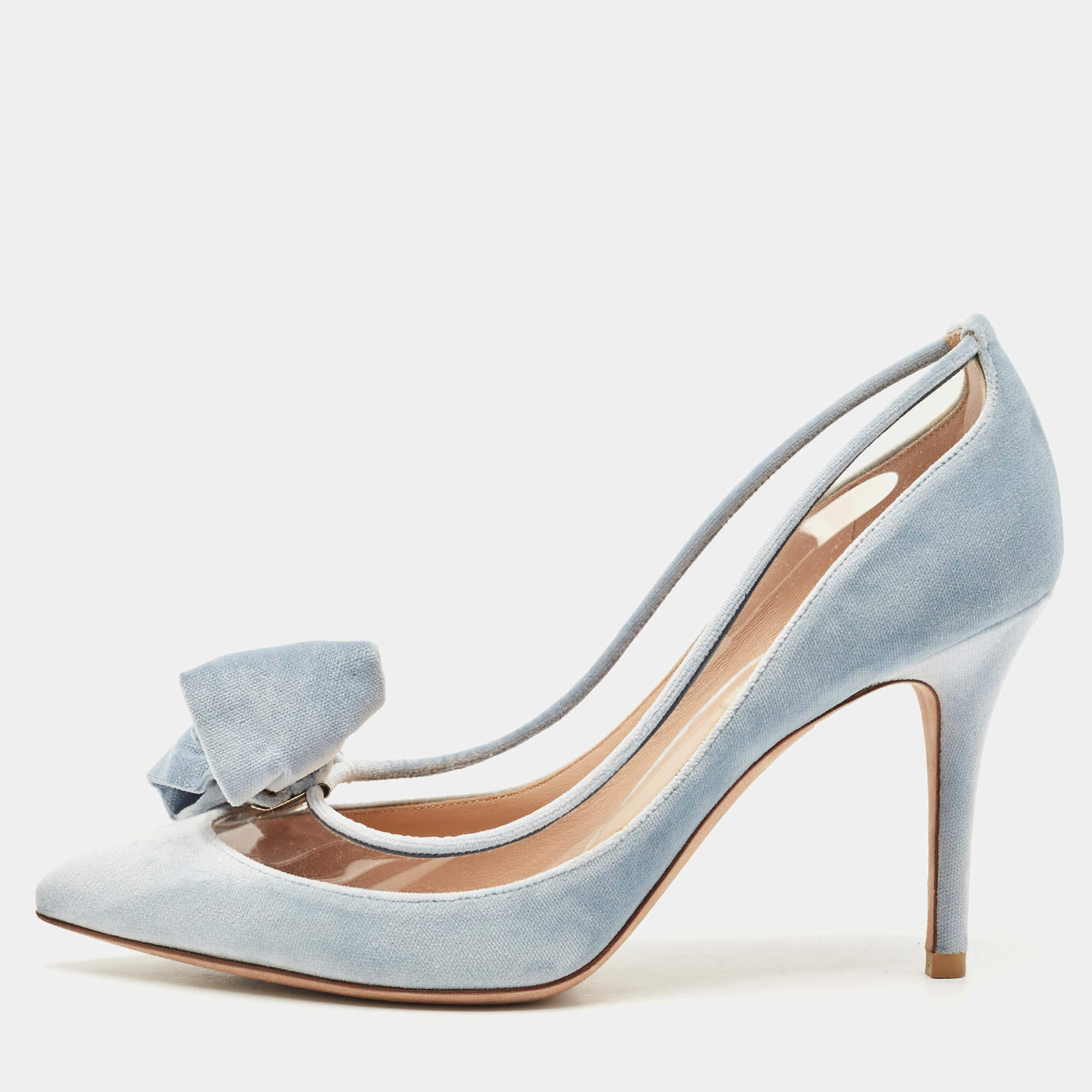 Pre Owned Valentino Light Blue PVC and Velvet Dollybow Pumps Size 37