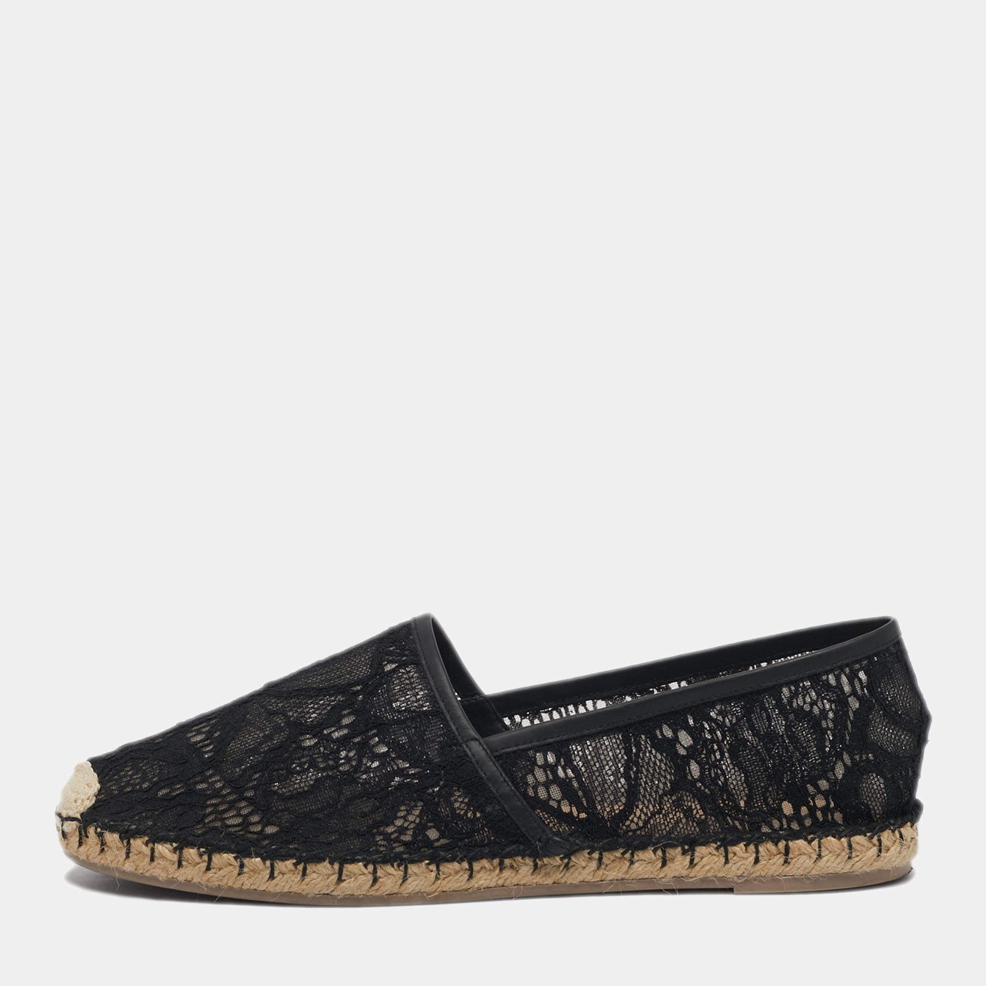 Pre Owned Valentino Black Lace and Leather Espadrille Flats Size 40