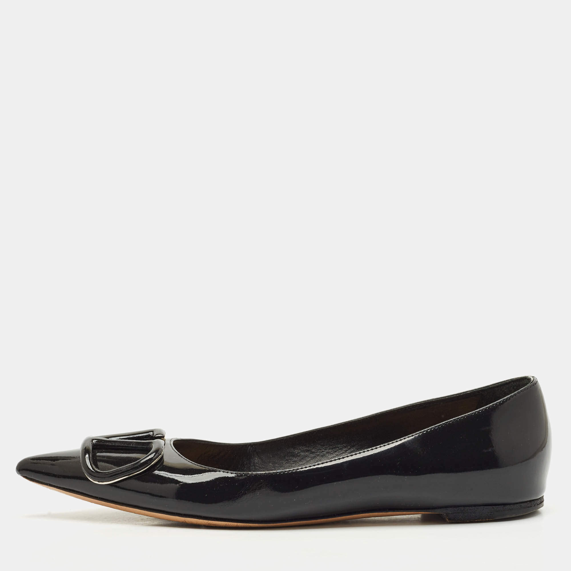 Pre Owned Valentino Black Leather VLogo Pointed Toe Ballet Flats Size 37.5
