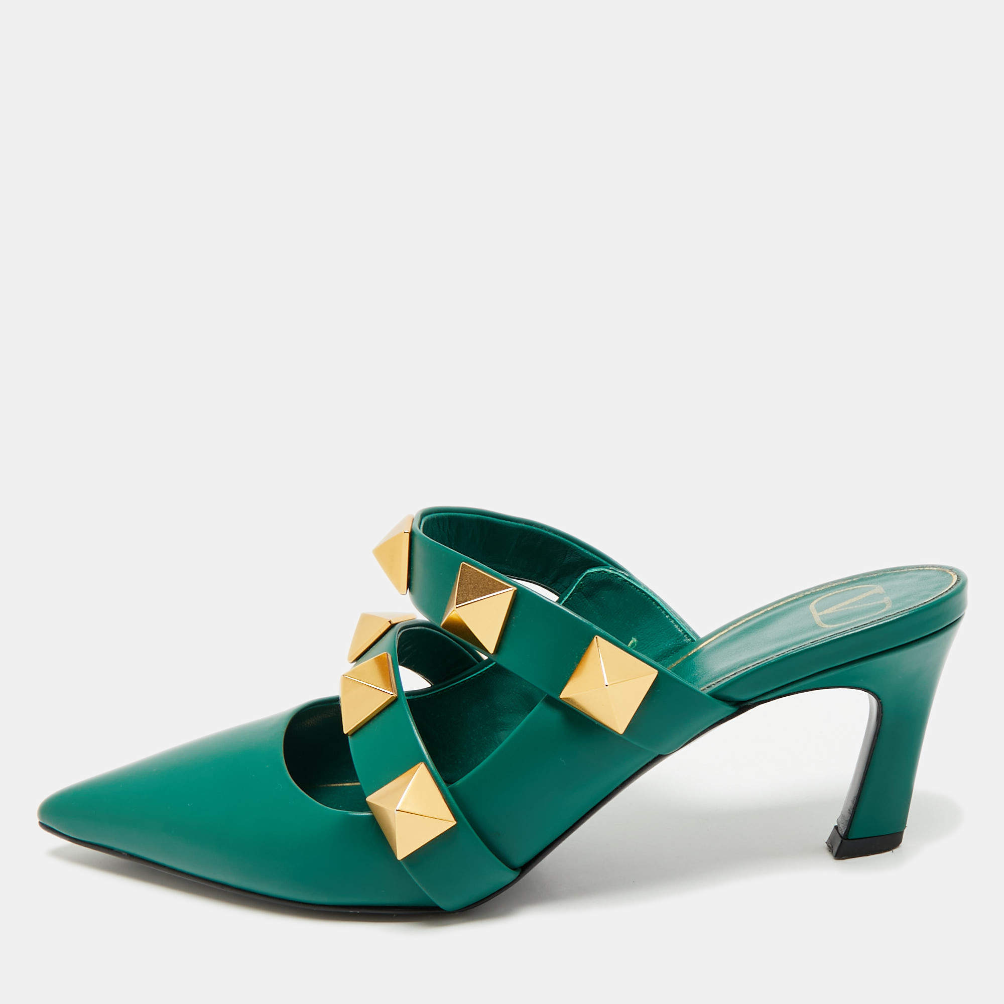 Pre Owned Valentino Dark Green Leather Roman Stud Pointed Toe Mules Size 39.5