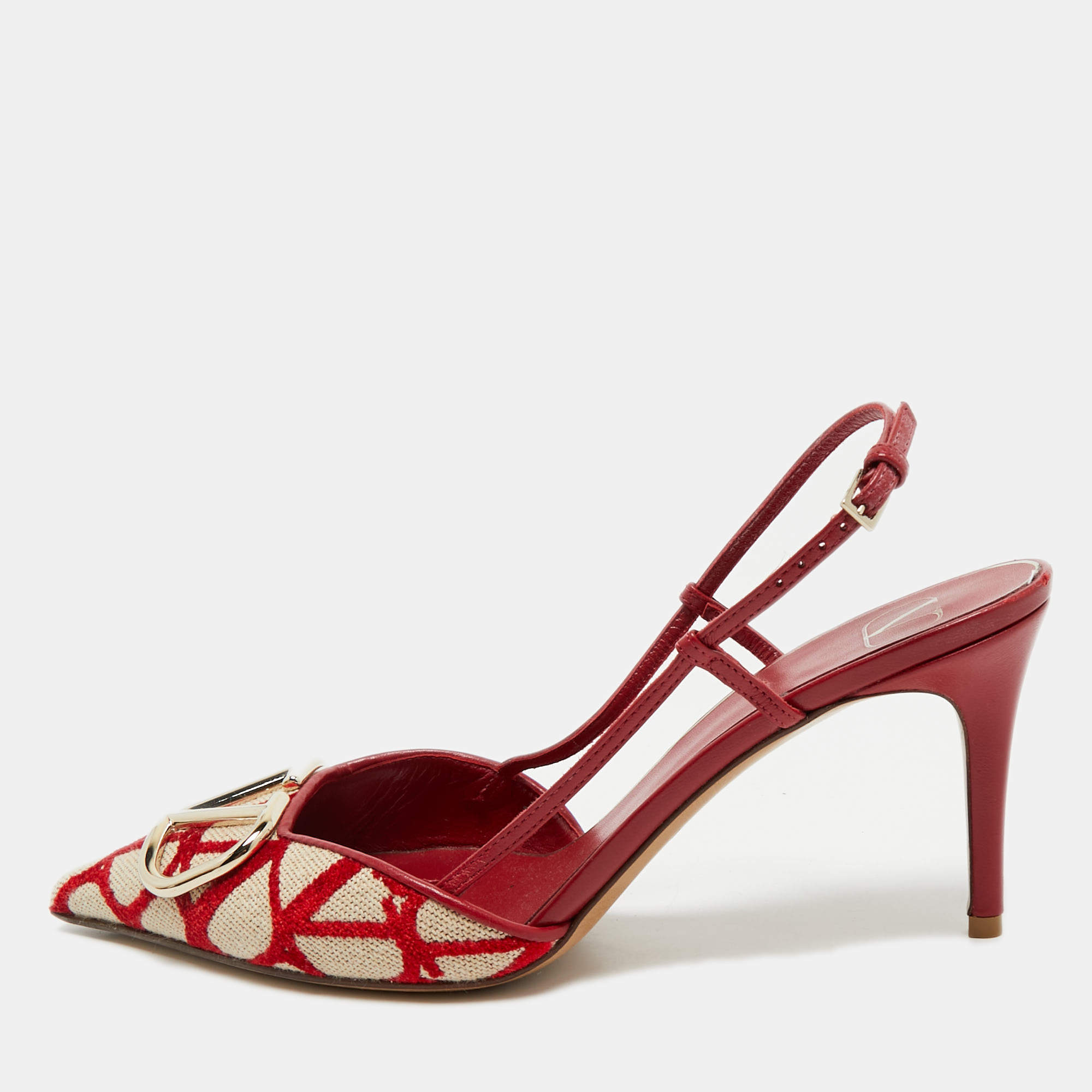 Pre Owned Valentino Red/White Canvas and Leather VLogo Slingback Pumps Size 40
