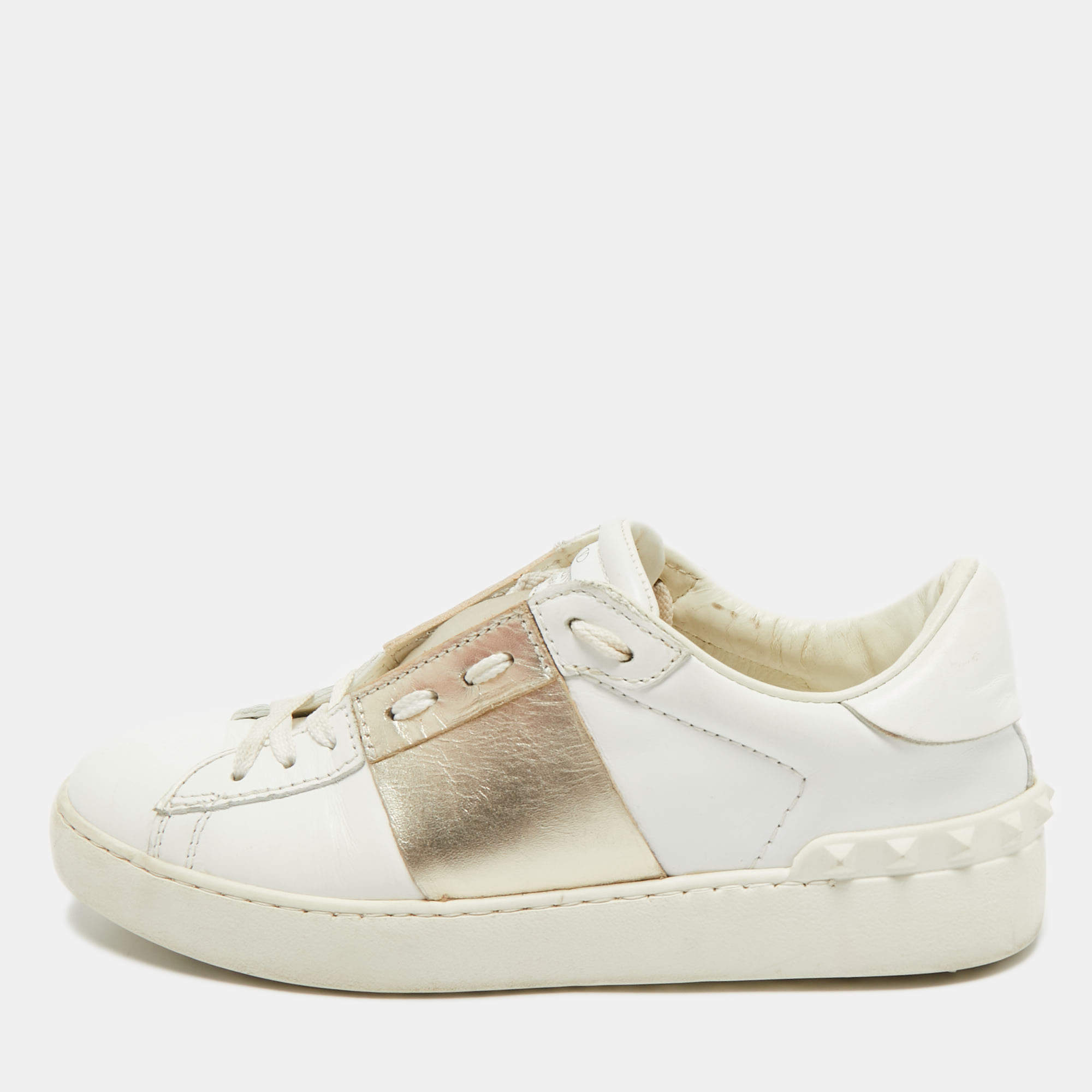 Pre Owned Valentino White/Gold Leather Rockstud Low Top Sneakers Size 37.5
