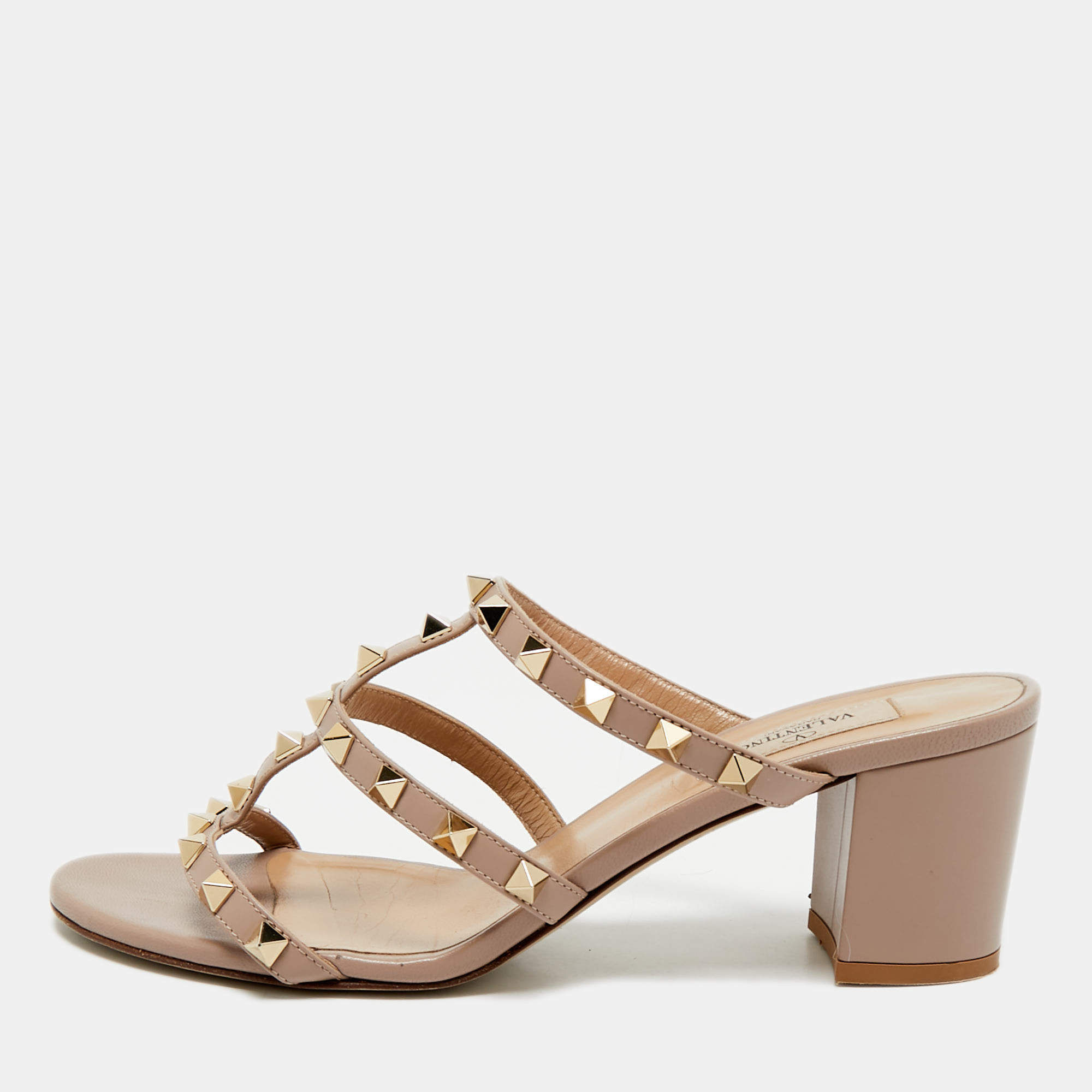 Pre Owned Valentino Beige Leather Rockstud Slide Sandals Size 39