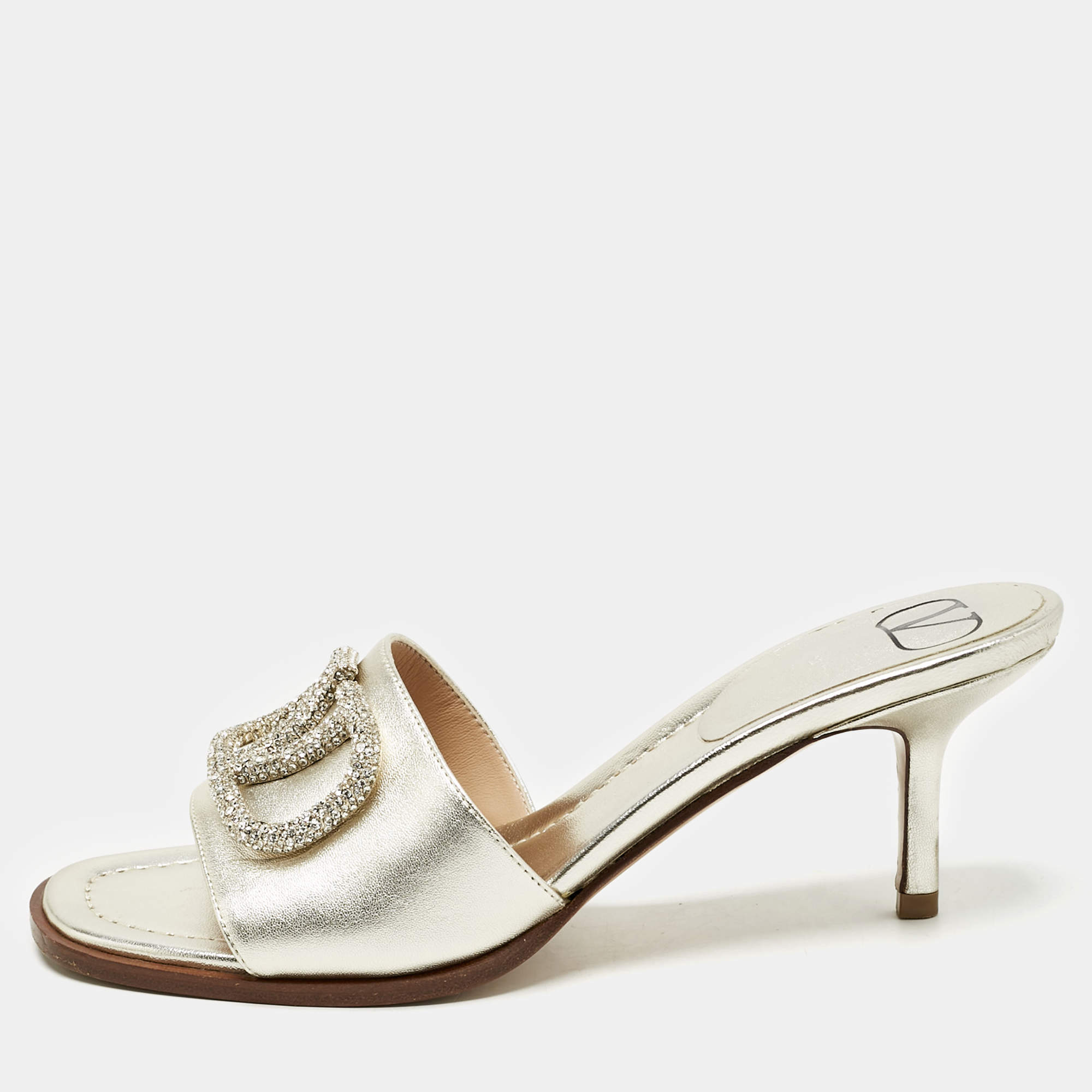 Pre Owned Valentino Gold Leather VLogo Crystals Slide Sandals Size 36.5