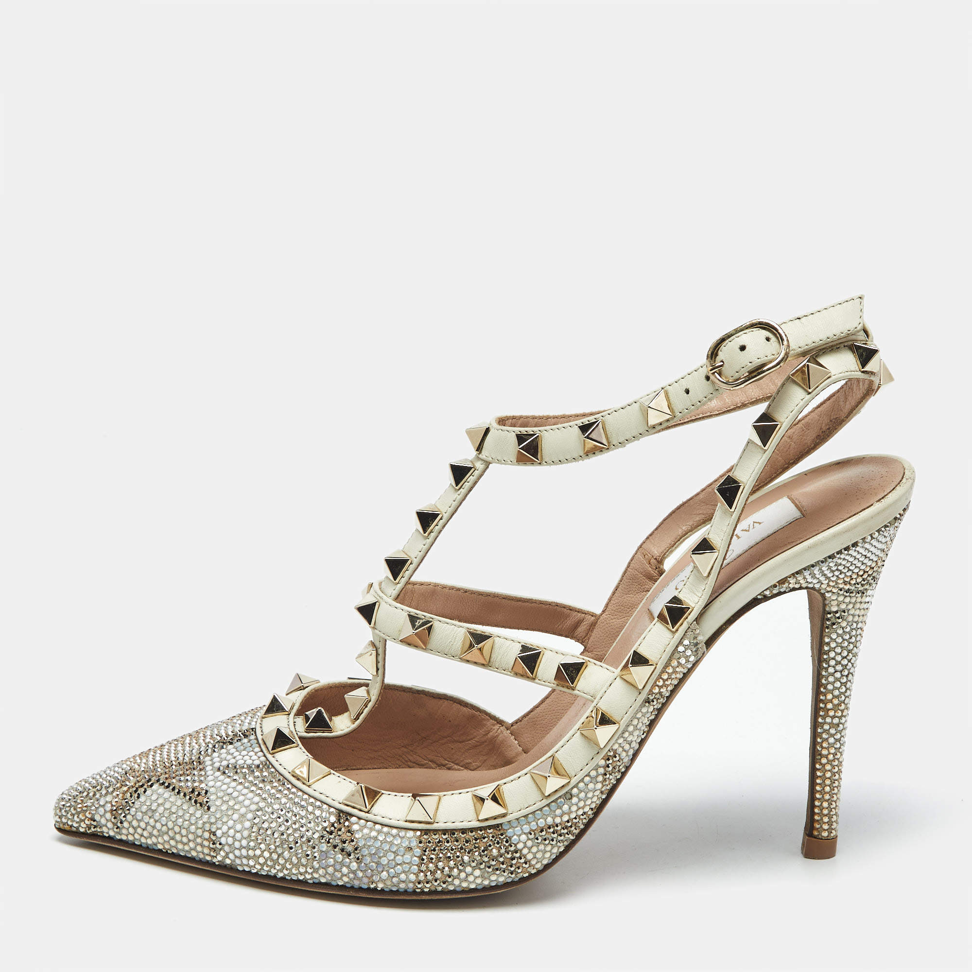 Pre Owned Valentino Multicolor Leather Crystal Embellished Rockstud  Ankle Strap Pumps Size 38