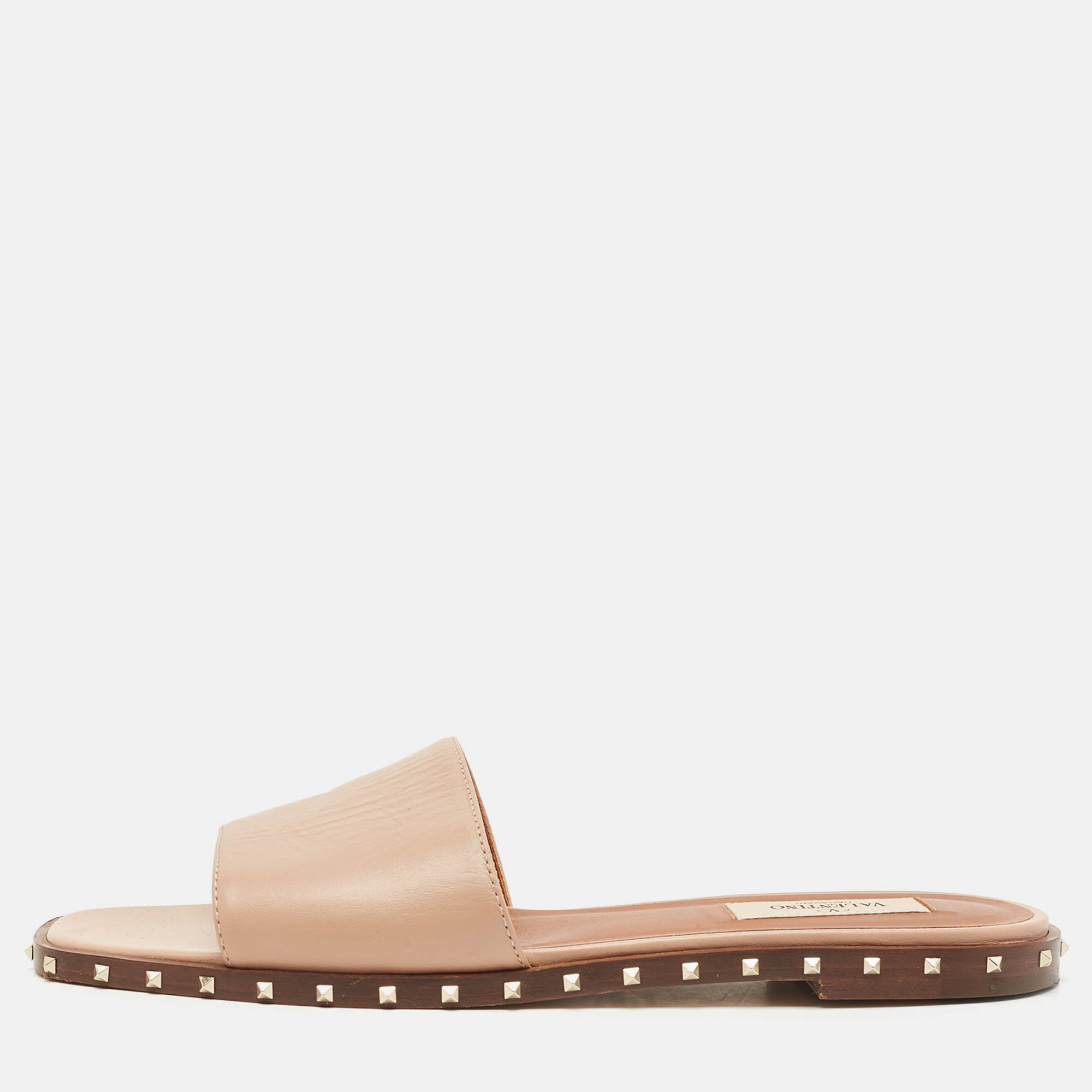 Pre Owned Valentino Beige Leather Soul Rockstud Flat Slide Sandals Size 38