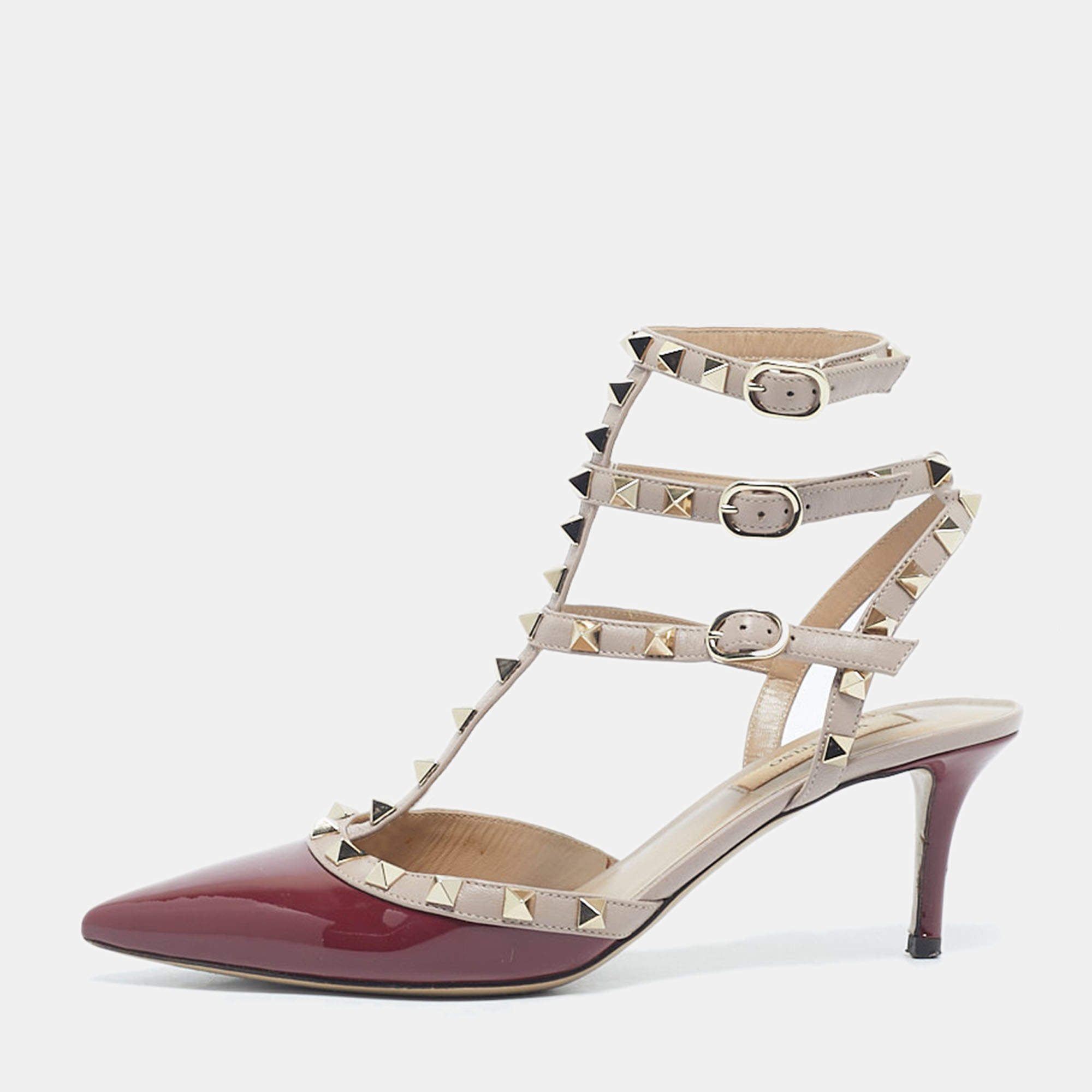 Pre Owned Valentino Burgundy/Beige Patent Leather Rockstud Ankle Strap Pumps Size 38