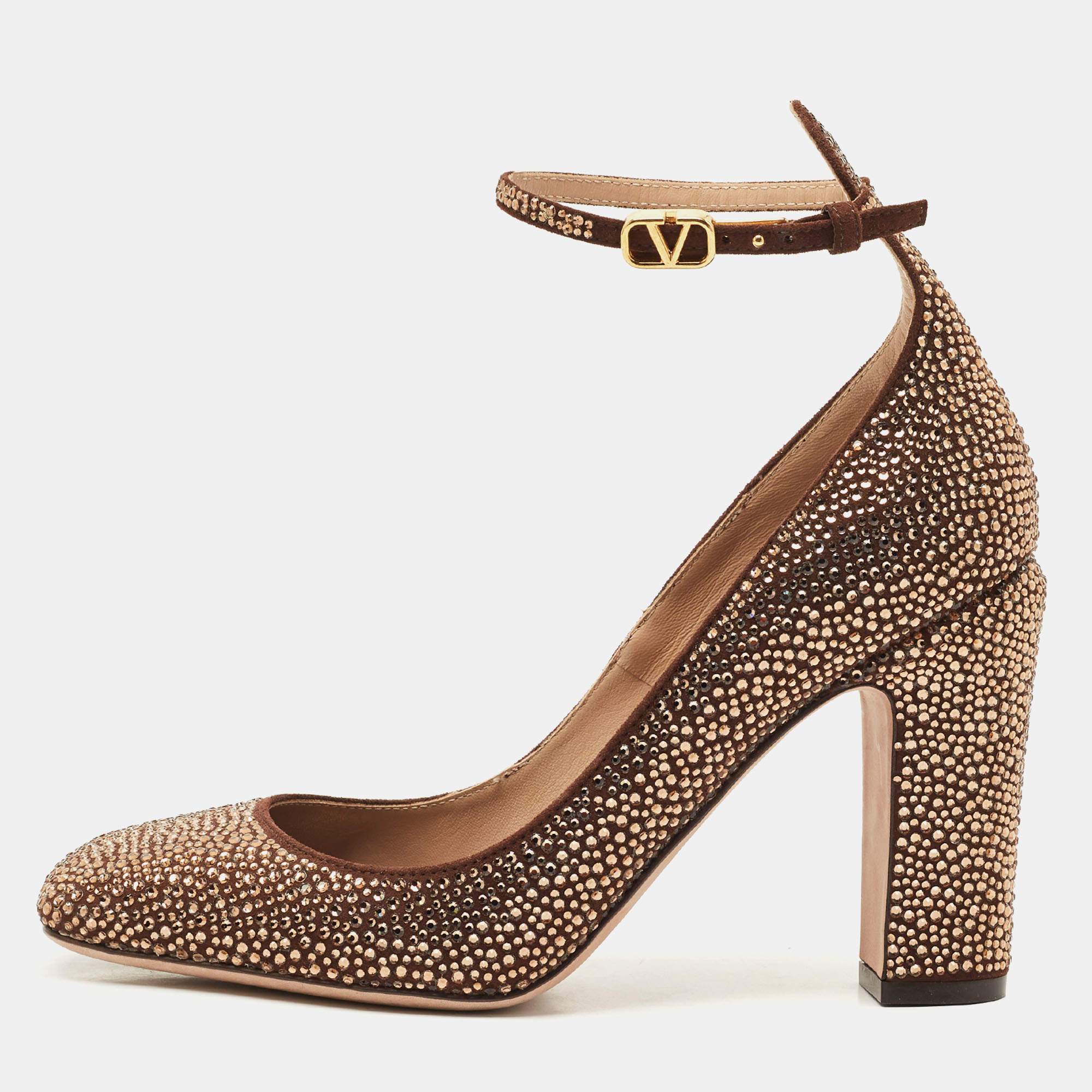 Pre Owned Valentino Dark Brown Suede Crystal Embellished Block Heel Pumps Size 38.5